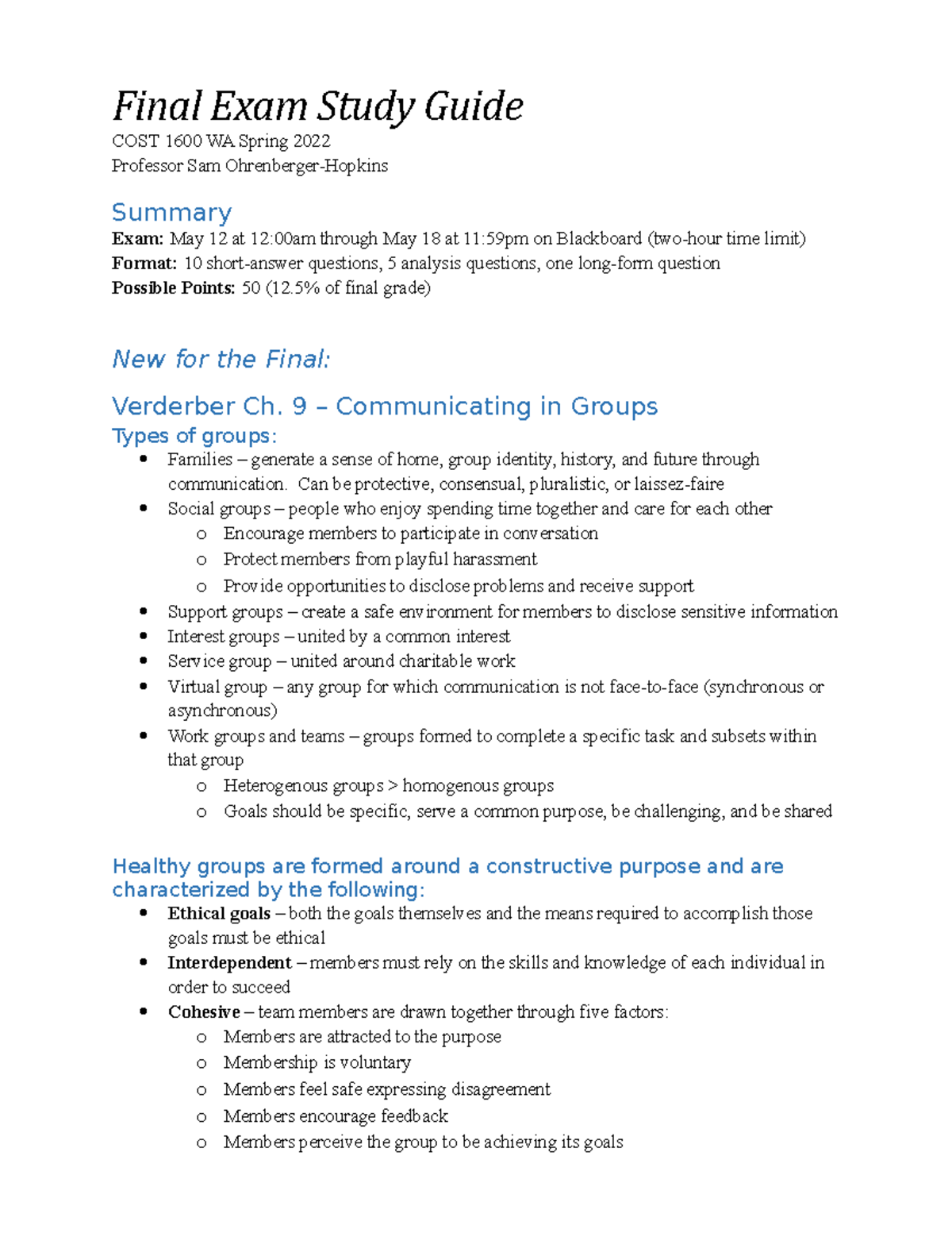 Final Exam Study Guide - Final Exam Study Guide COST 1600 WA Spring ...