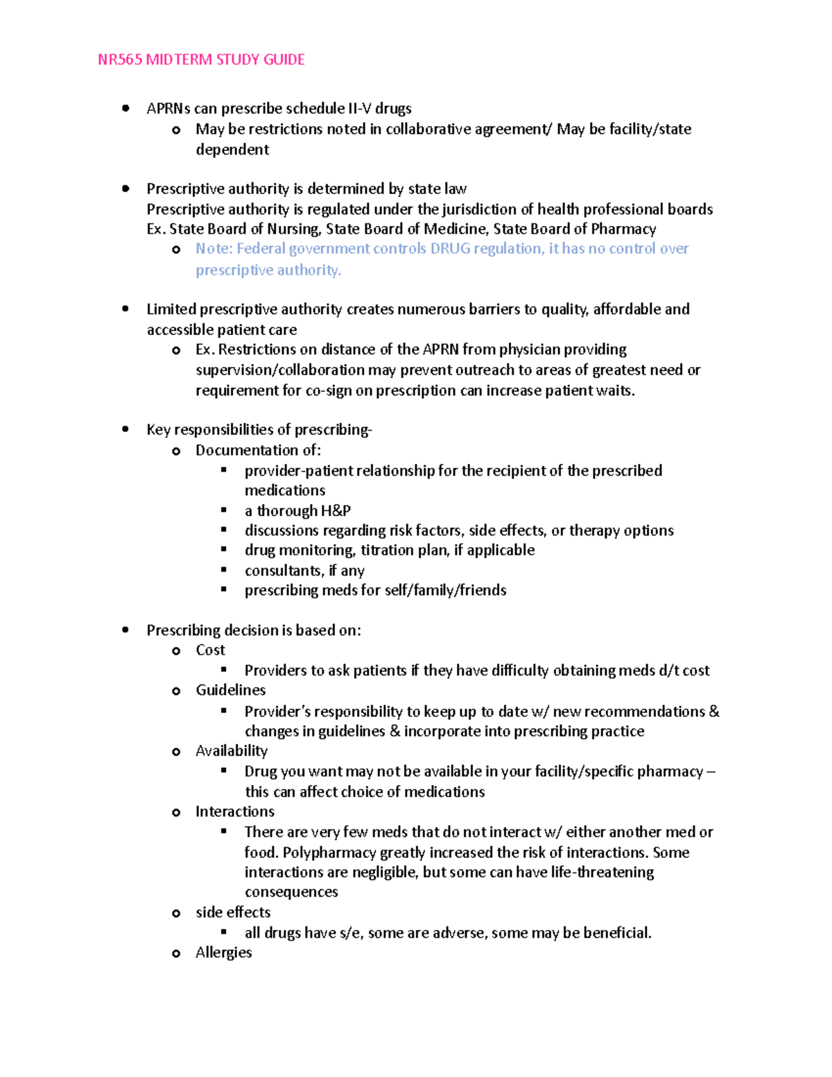 Adv Pharm Midterm Study guide - APRNs can prescribe schedule II-V drugs ...