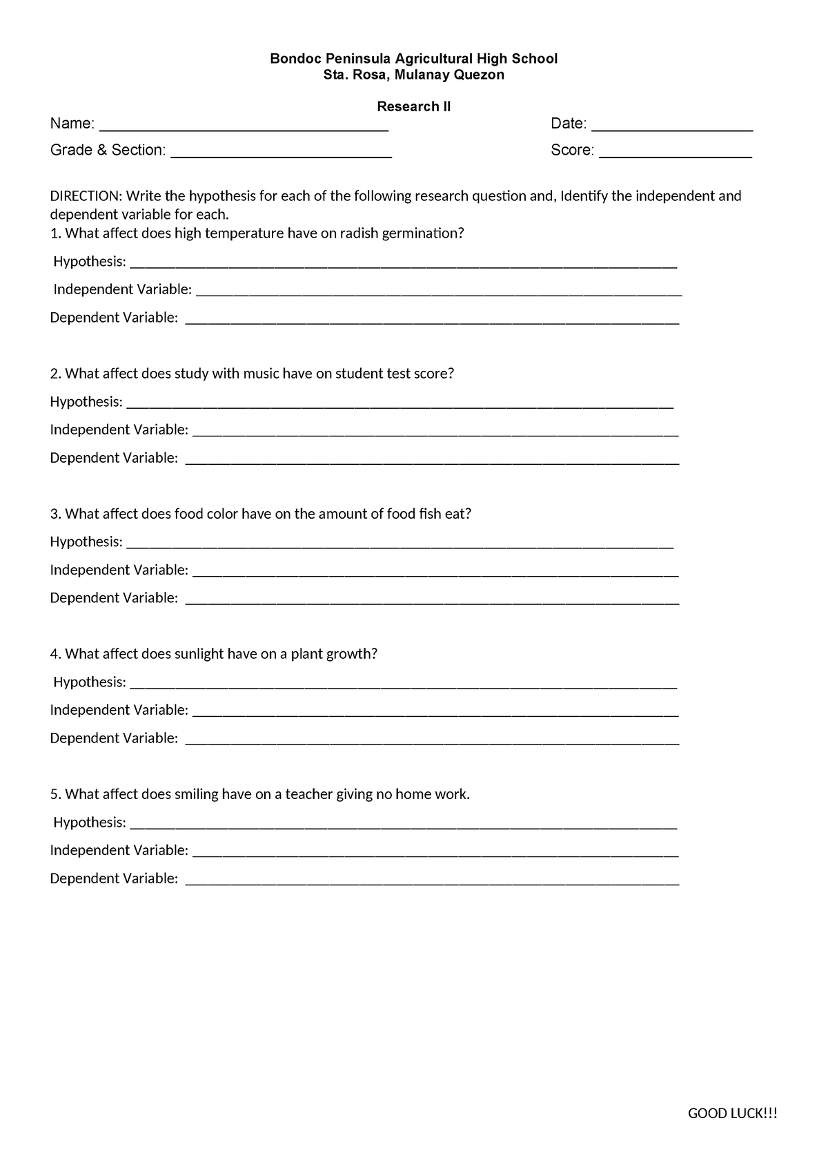 Research II EXAM Q1 LONG TEST - Bondoc Peninsula Agricultural High ...