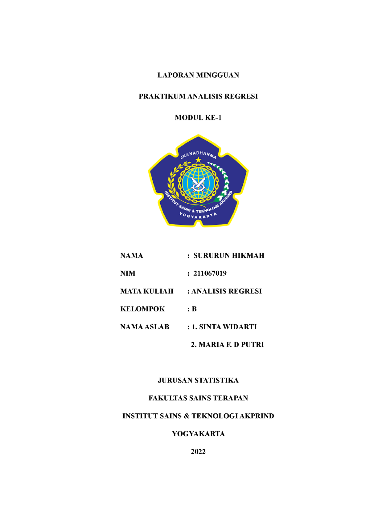 Format Laporan Mingguan Prak Anreg Laporan Mingguan Praktikum