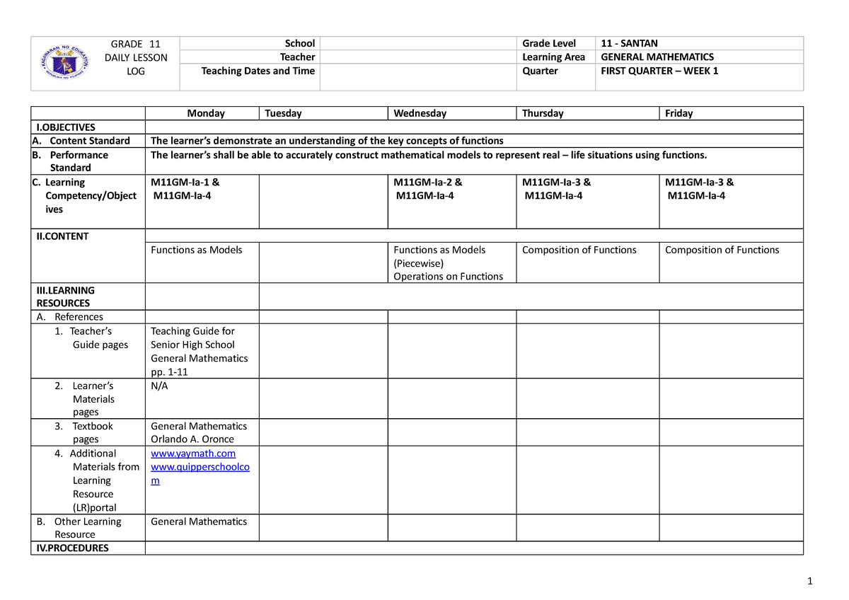 Dll-general-mathematics - 1 GRADE 11 DAILY LESSON LOG School Grade ...