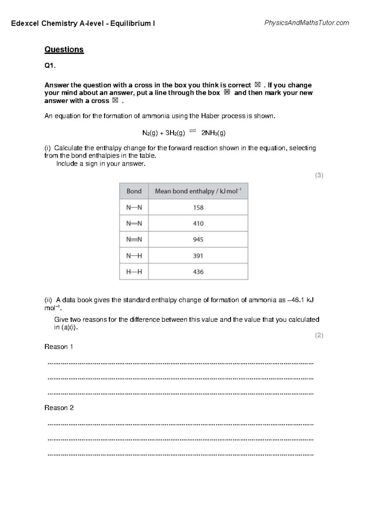 Equilibrium I - Questions Q1. Answer the question with a cross in the ...