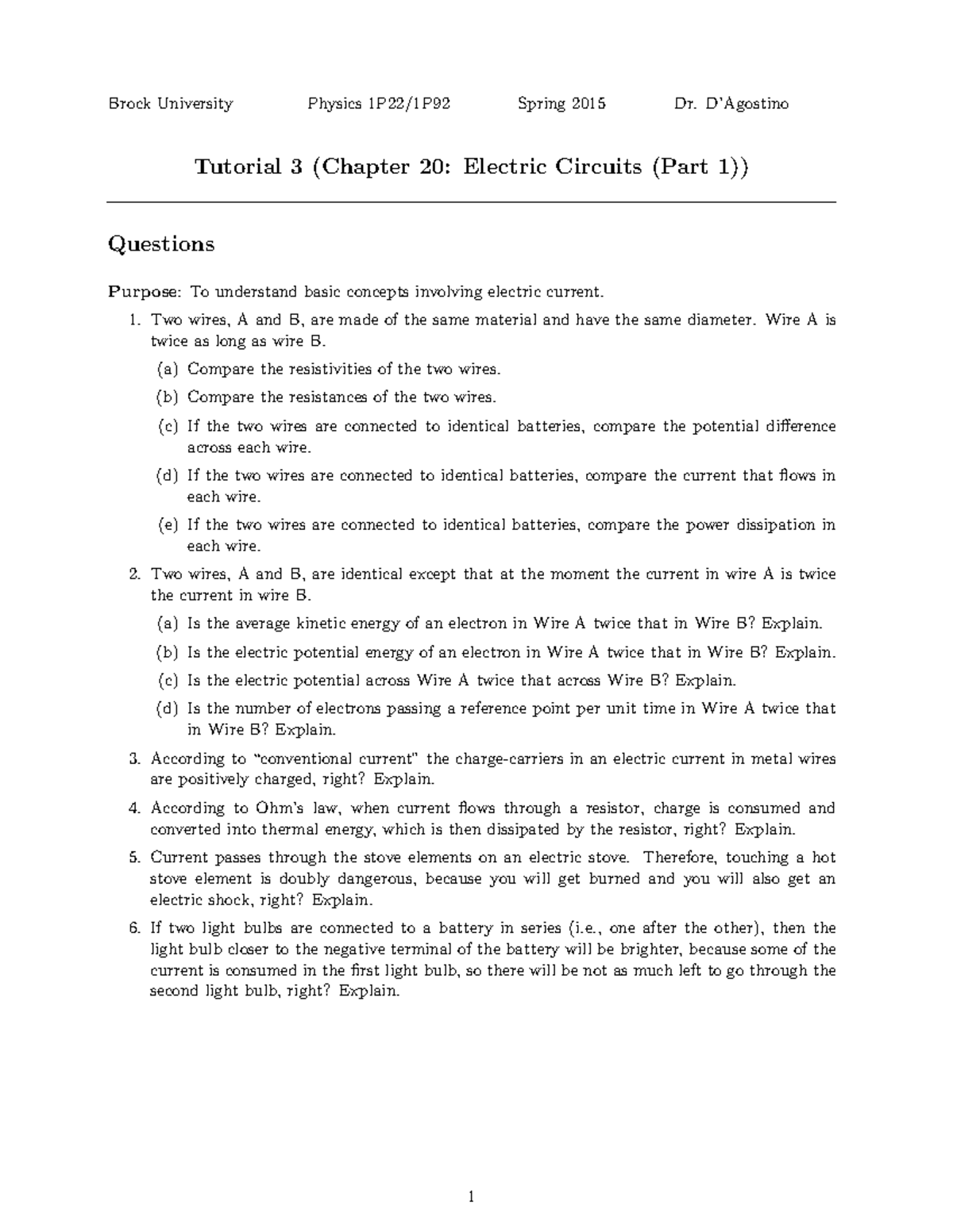 Tutorial 3 (Chapter 20: Electric Circuits (Part 1)) - Brock University ...