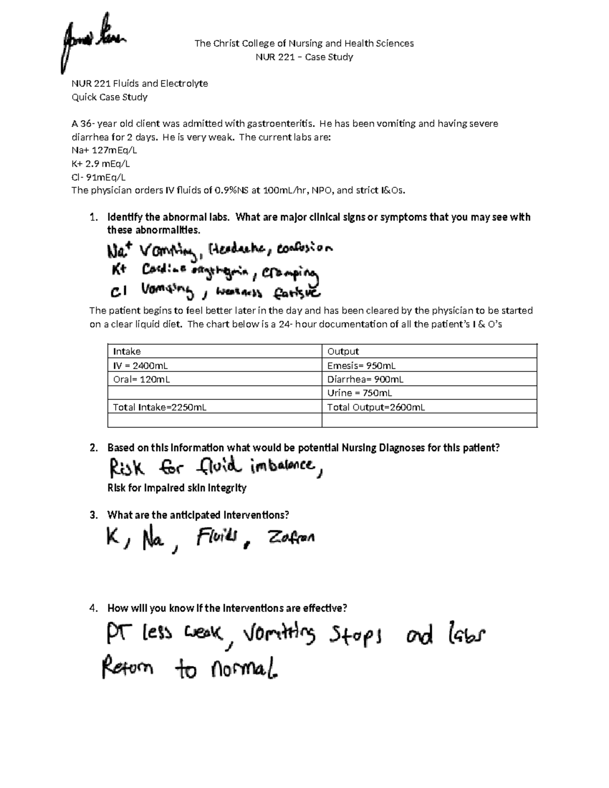 TTC NUR 221 Fluid and Electrolyte-Quick Case Study Student - The Christ ...