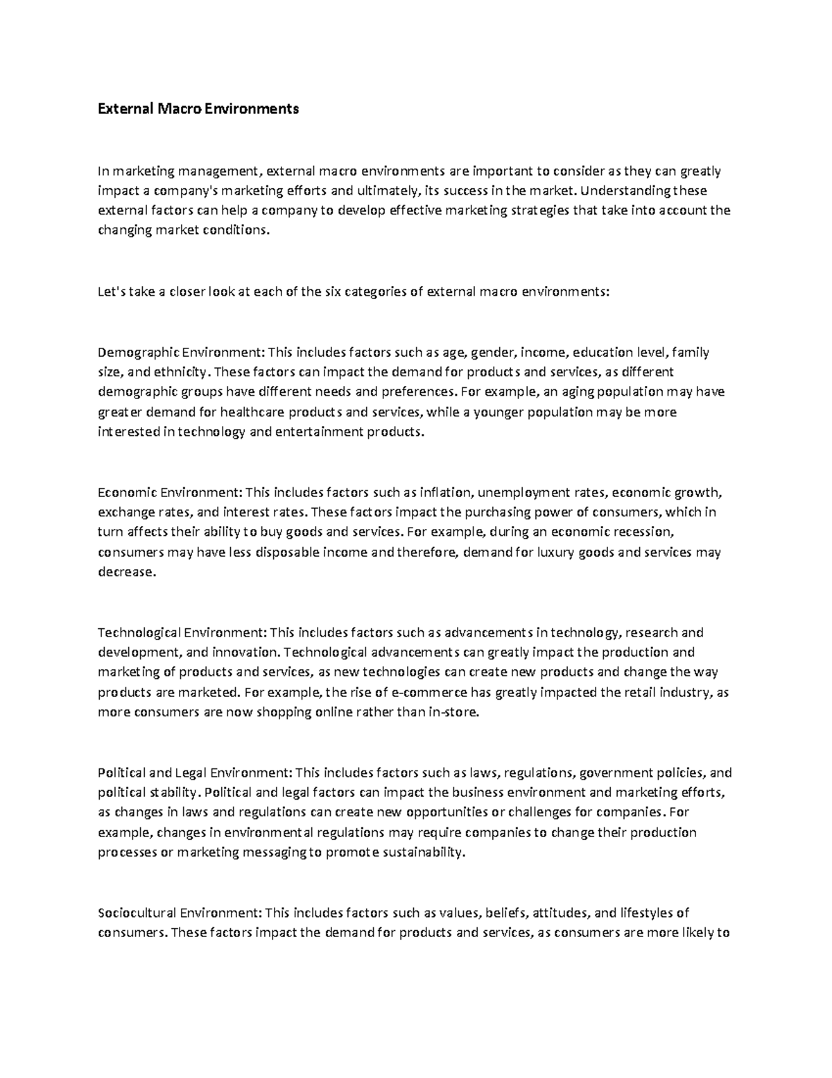 Marketing management mid sem - External Macro Environments In marketing ...