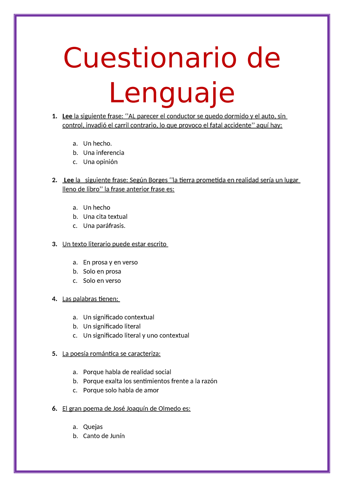 Cuestionario De Lengua Y Literatura - Cuestionario De Lenguaje 1. Lee ...