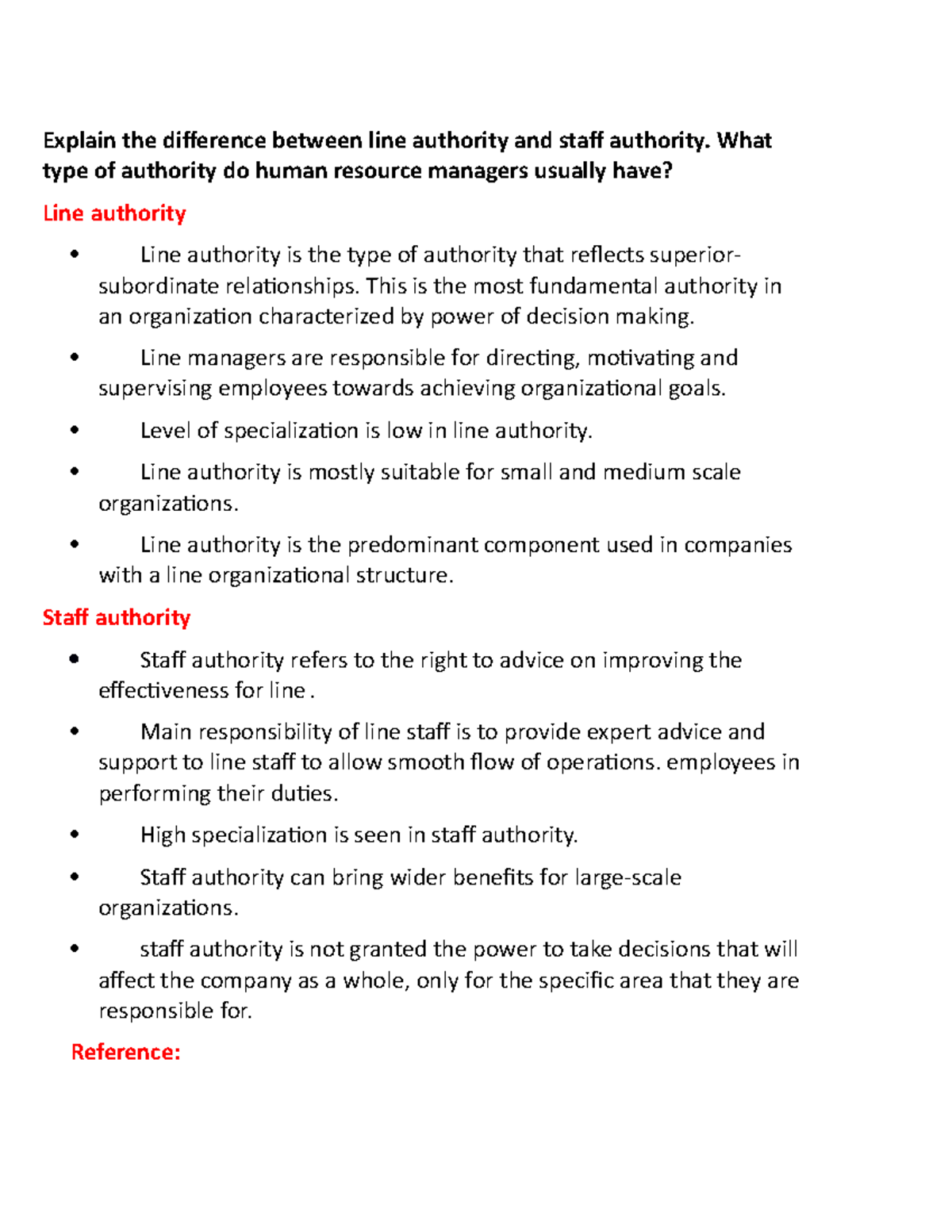 Ass1 notes Explain the difference between line authority and staff
