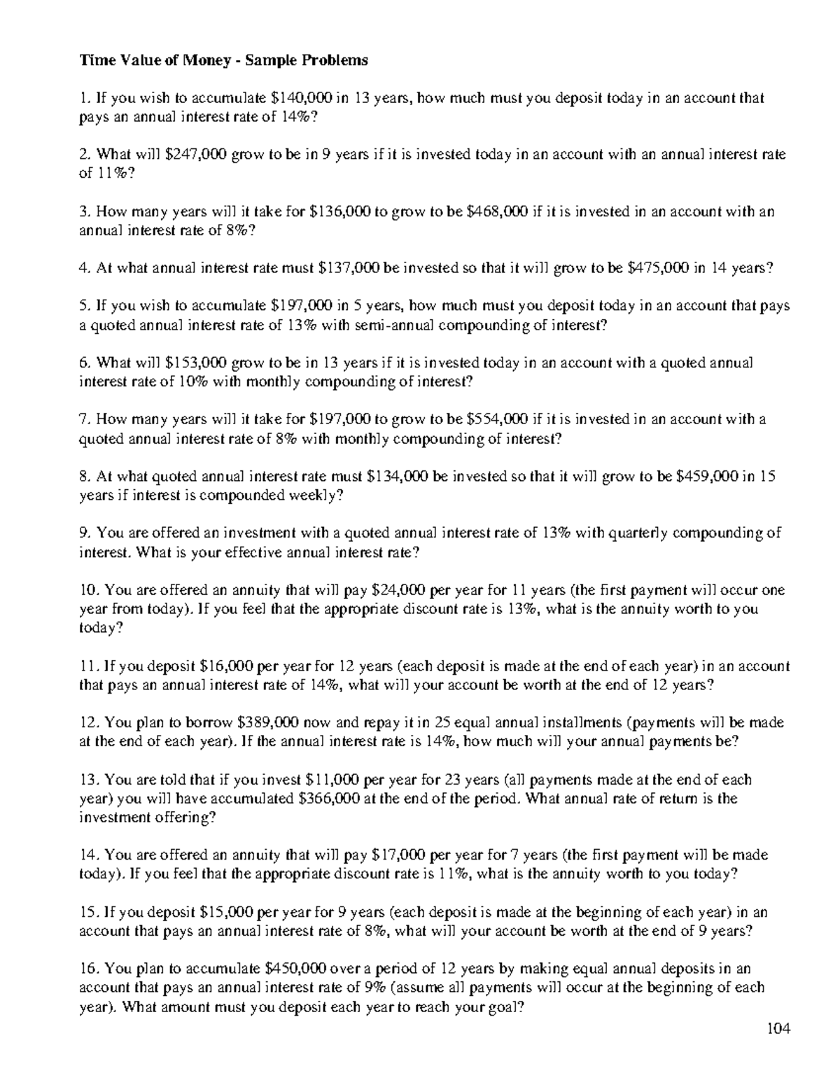 Time value money sample probs Time Value of Money Sample Problems