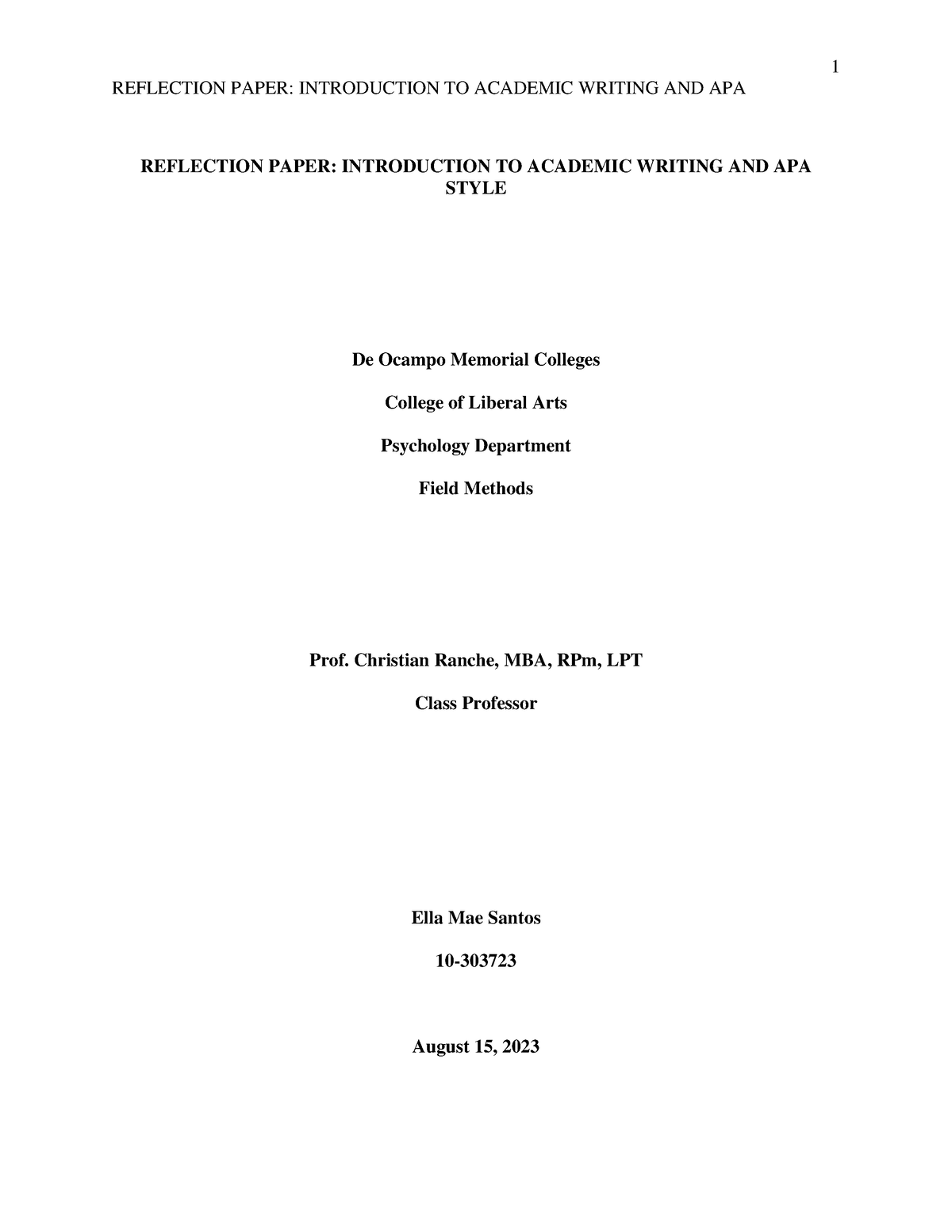 Introduction to Academic Writing Reflection Paper - REFLECTION PAPER ...