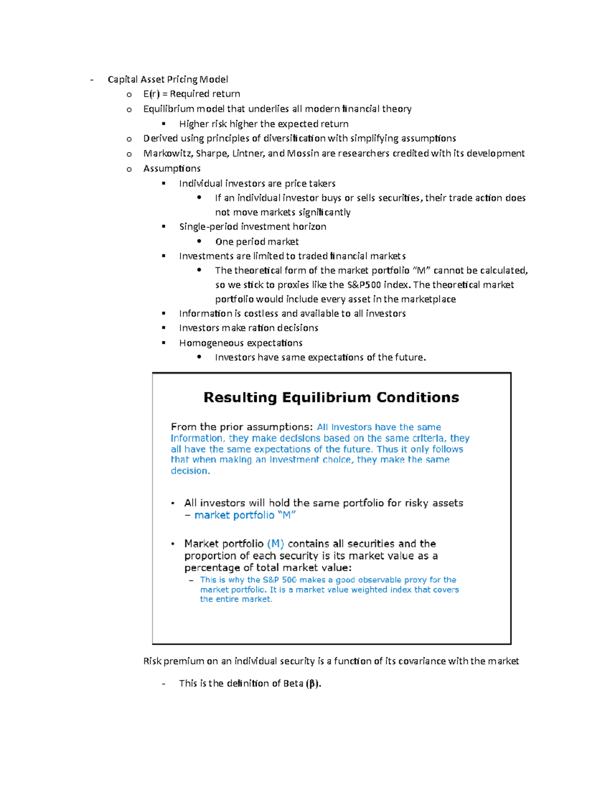 Chapter 7 Notes- CAPM - Capital Asset Pricing Model o E(r) = Required ...