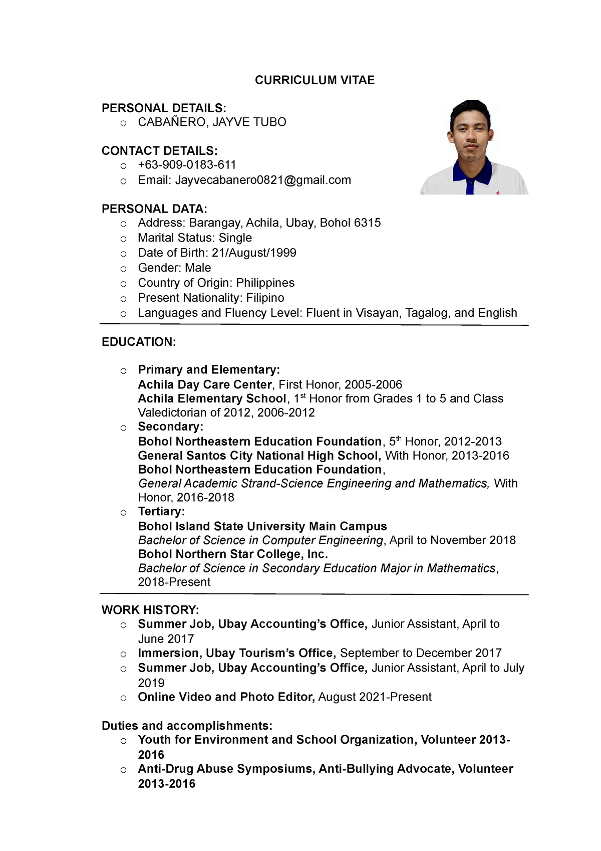 curriculum vitae examples for students research paper philippines