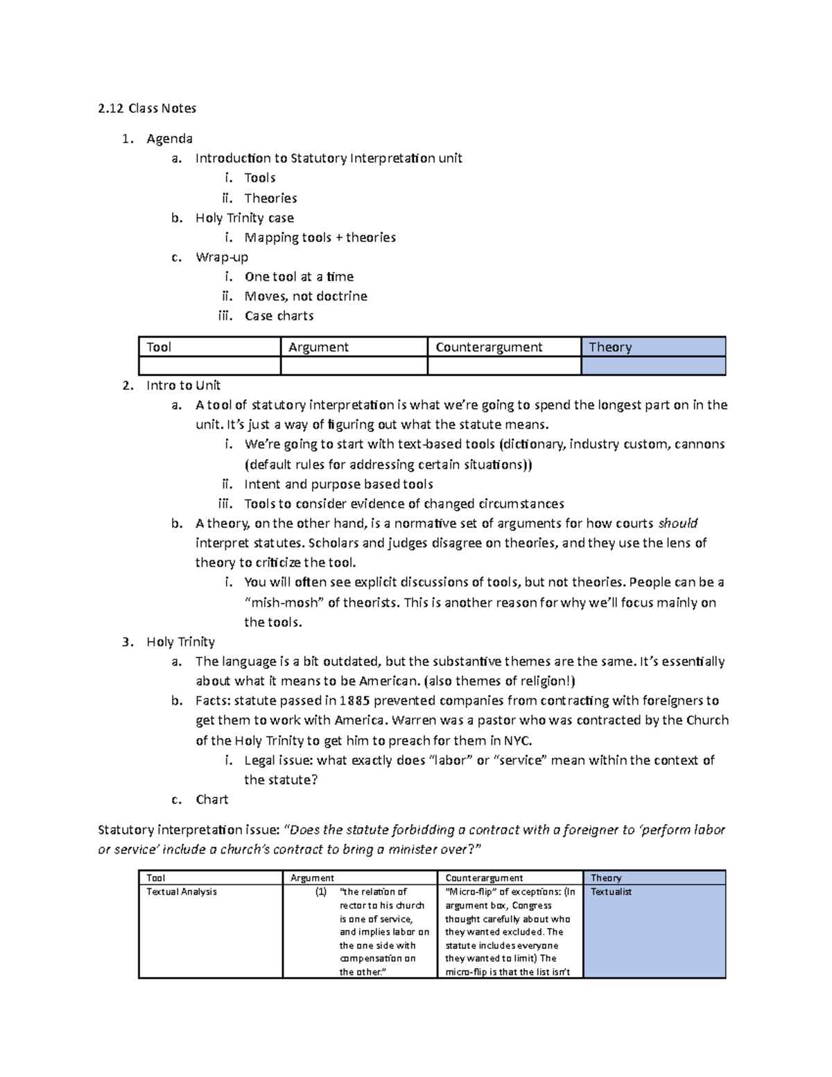 2.12 Class Notes - 2 Class Notes 1. Agenda a. Introduction to Statutory ...