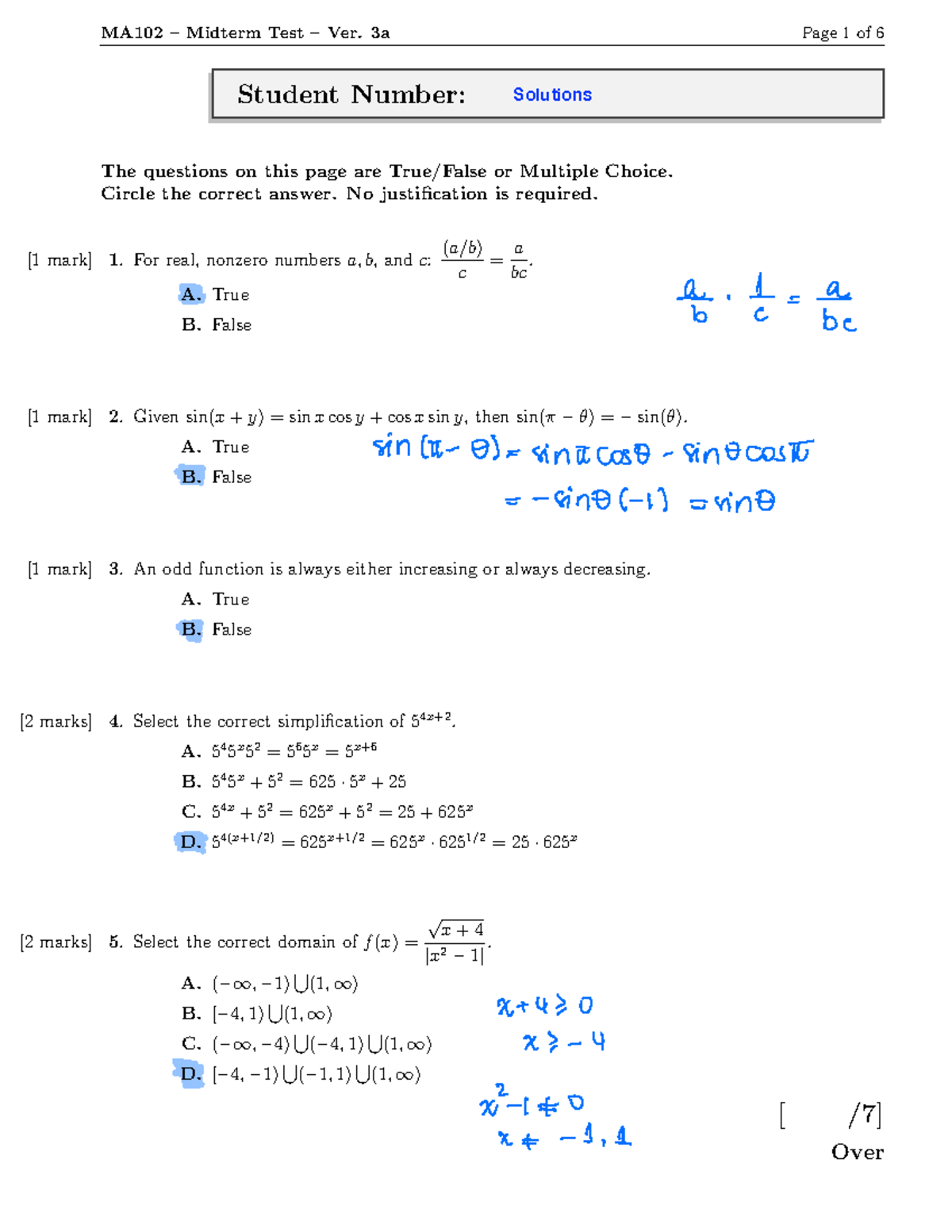 MA102 F22 Mid V3sol - MIDTERM - Student Number: The Questions On This ...