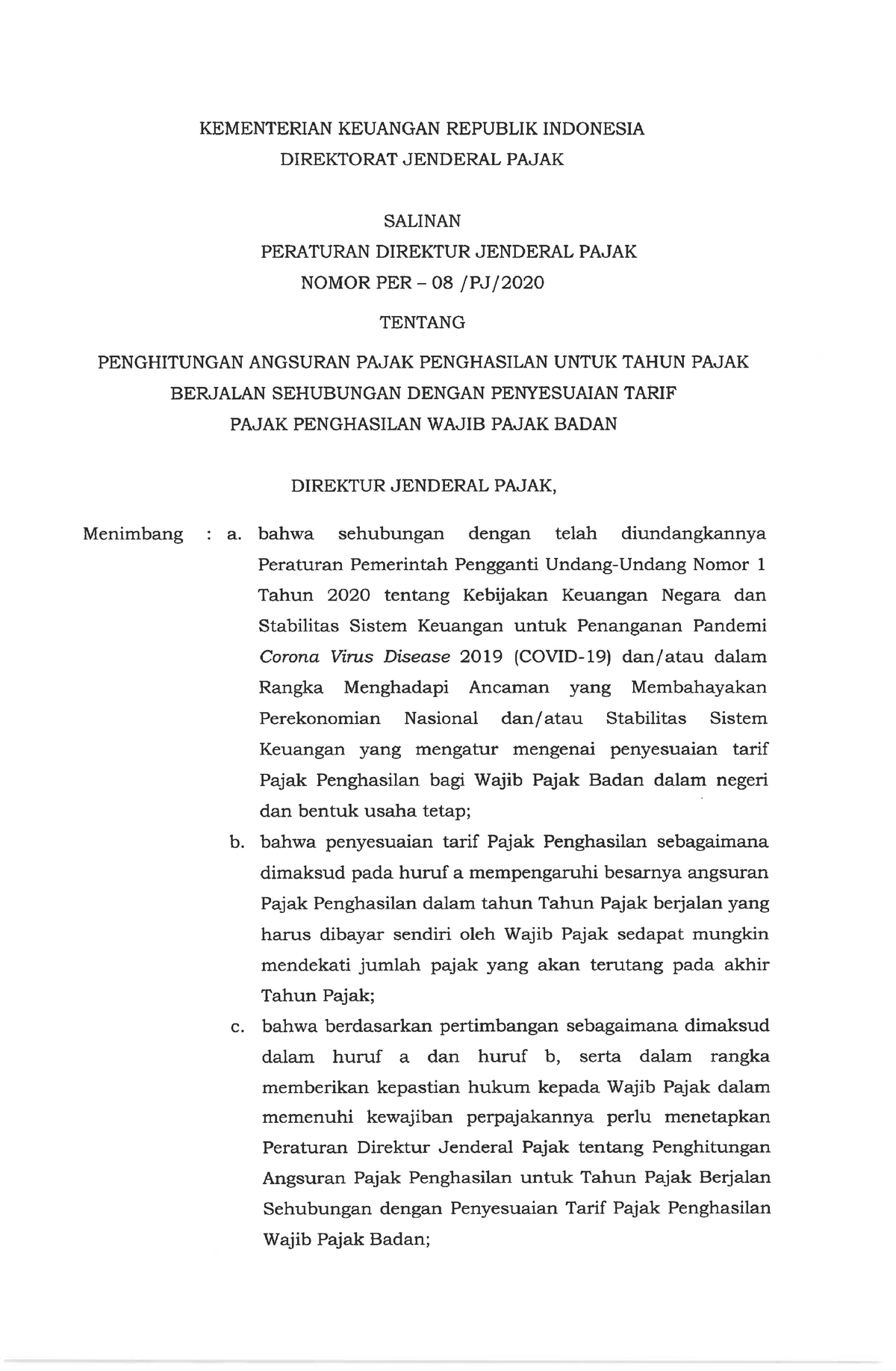 Salinan PER-08-PJ-2020 - KEMENTERIAN KEUANGAN REPUBLIK INDONESIA ...