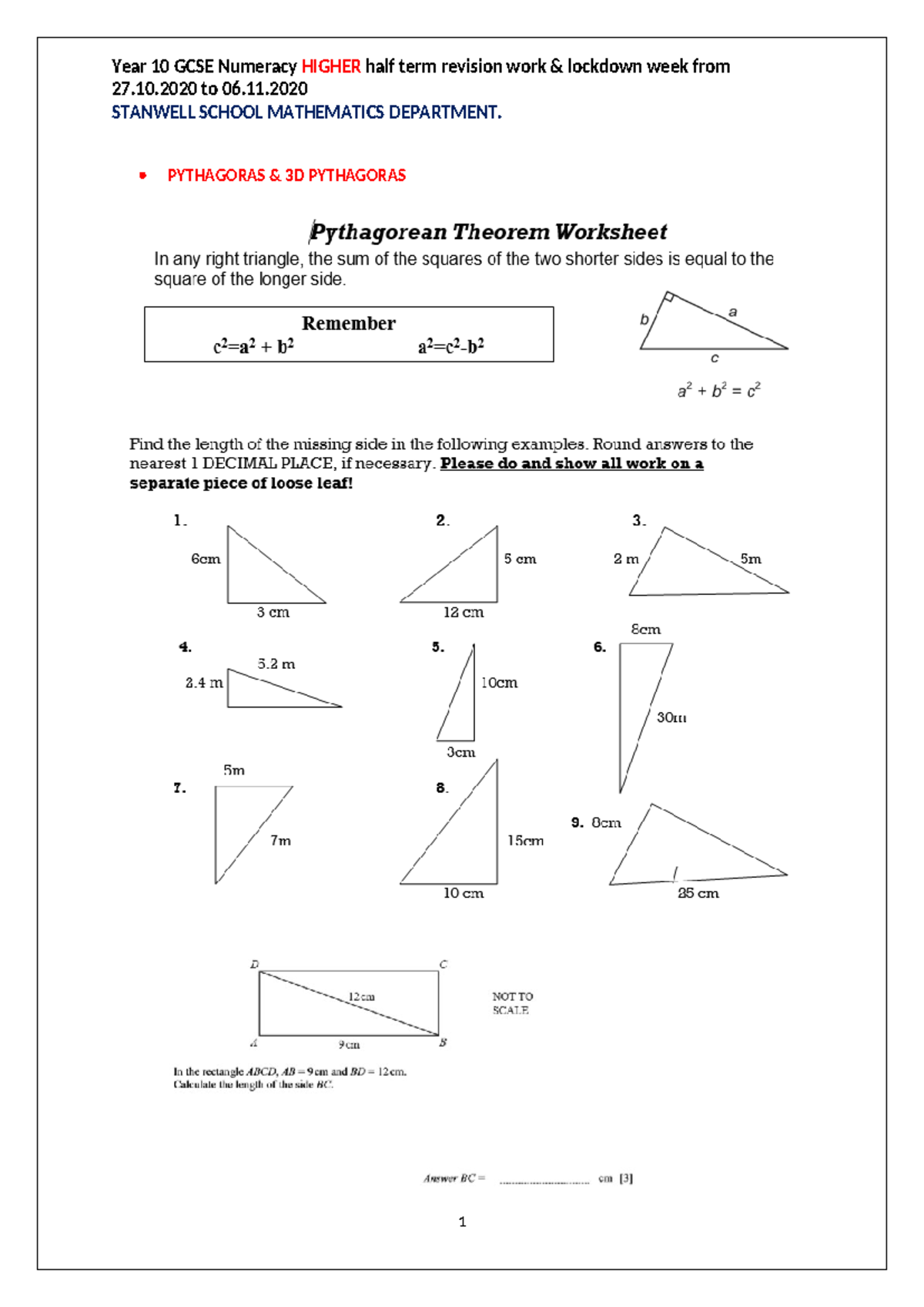 Year 10 GCSE Numeracy Higher half term revision work. F Moryc 2020 - 27 ...