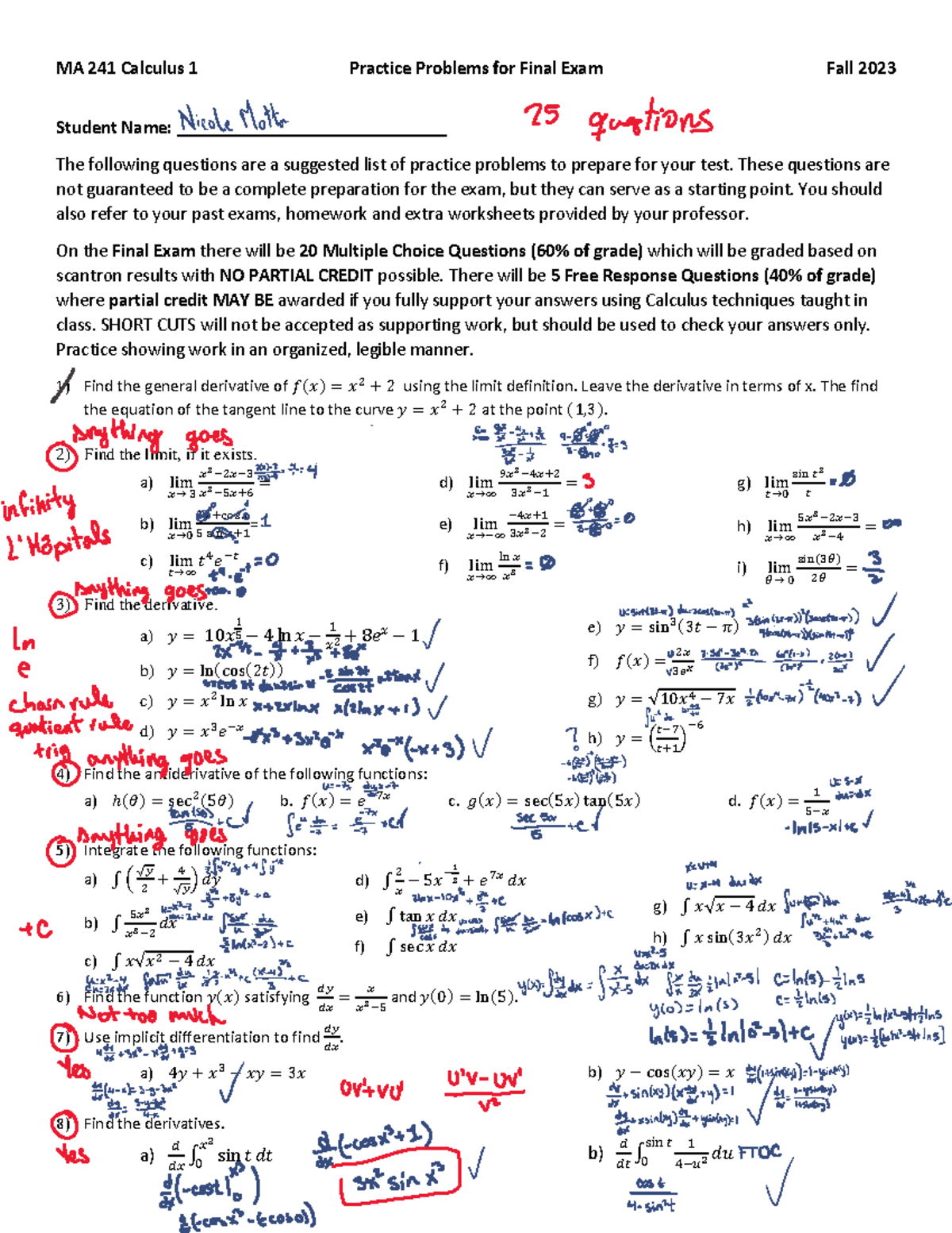 MA 241 Fall 2023 Final Exam Practice Problems with Answer Key - MA 241 ...