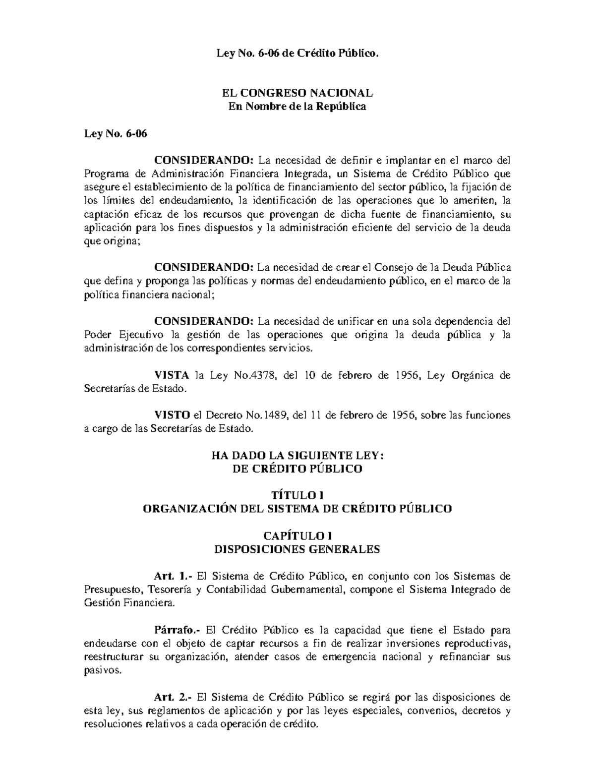 Ley606creditopublico Ley No. 606 de Crédito Público. EL CONGRESO