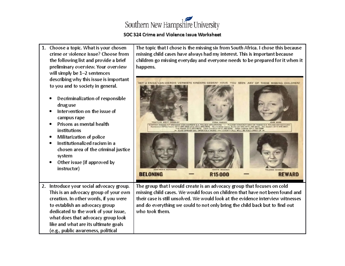Soc324 crime and violence issue worksheet - SOC 324 Crime and Violence ...