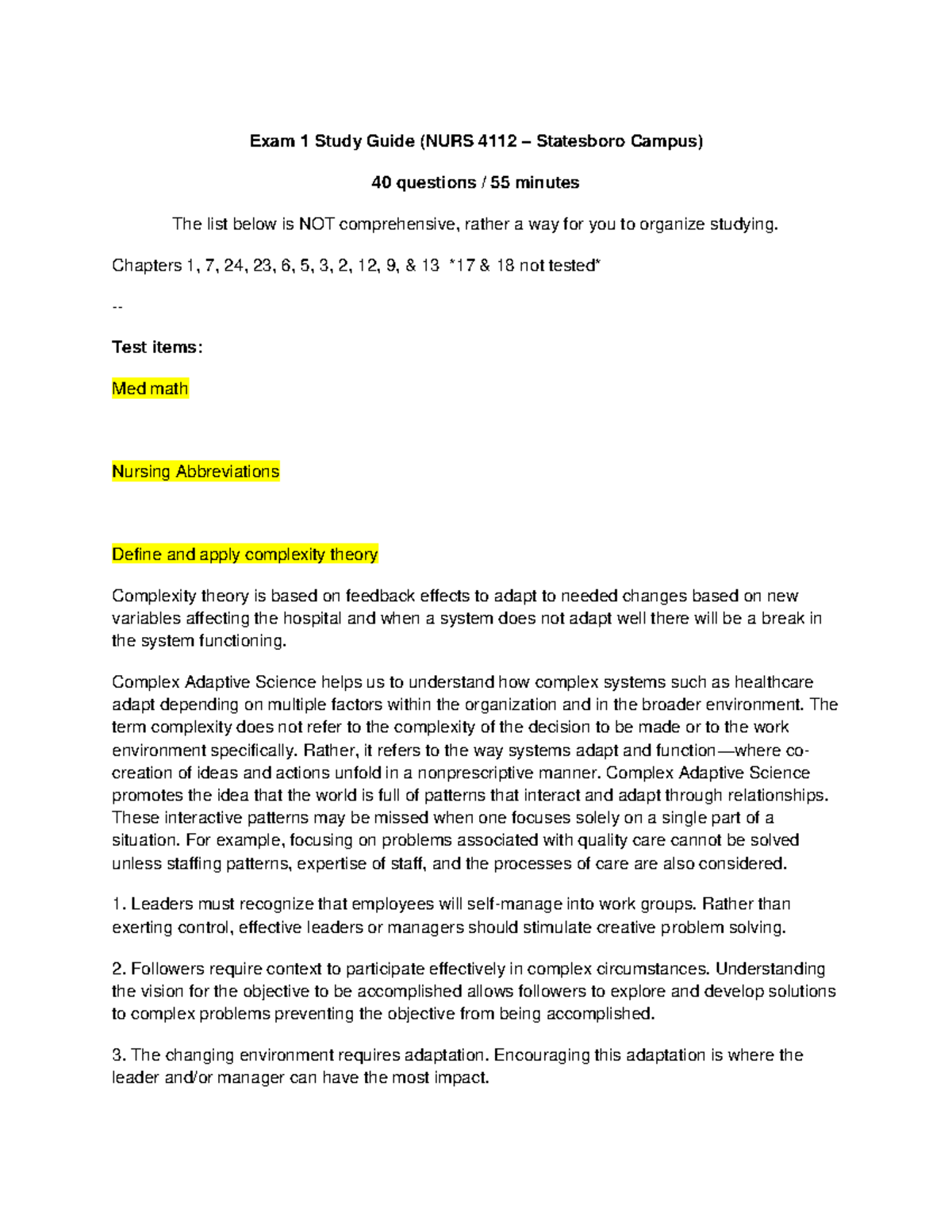 Leadership Exam 1 Study Guide w: textbook - Exam 1 Study Guide (NURS ...