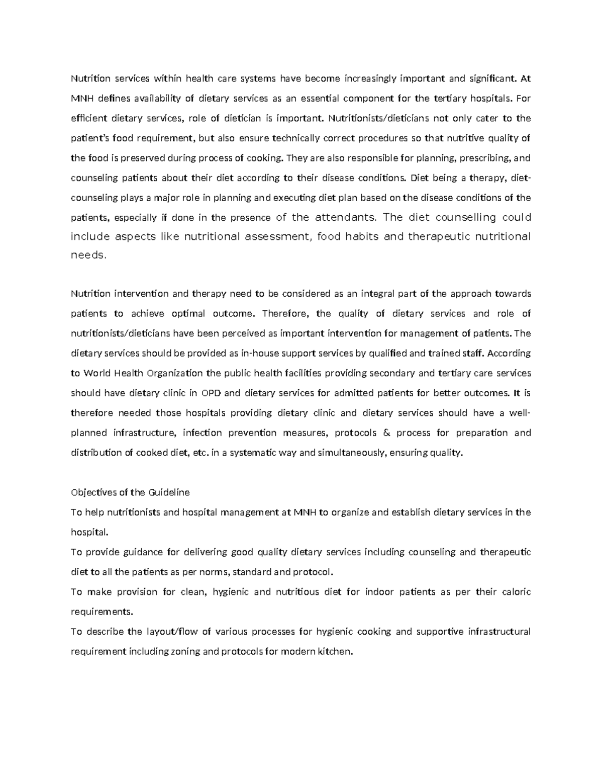 Nutrition and Dietary Section Key Performance Indicators Nutrition services within health care