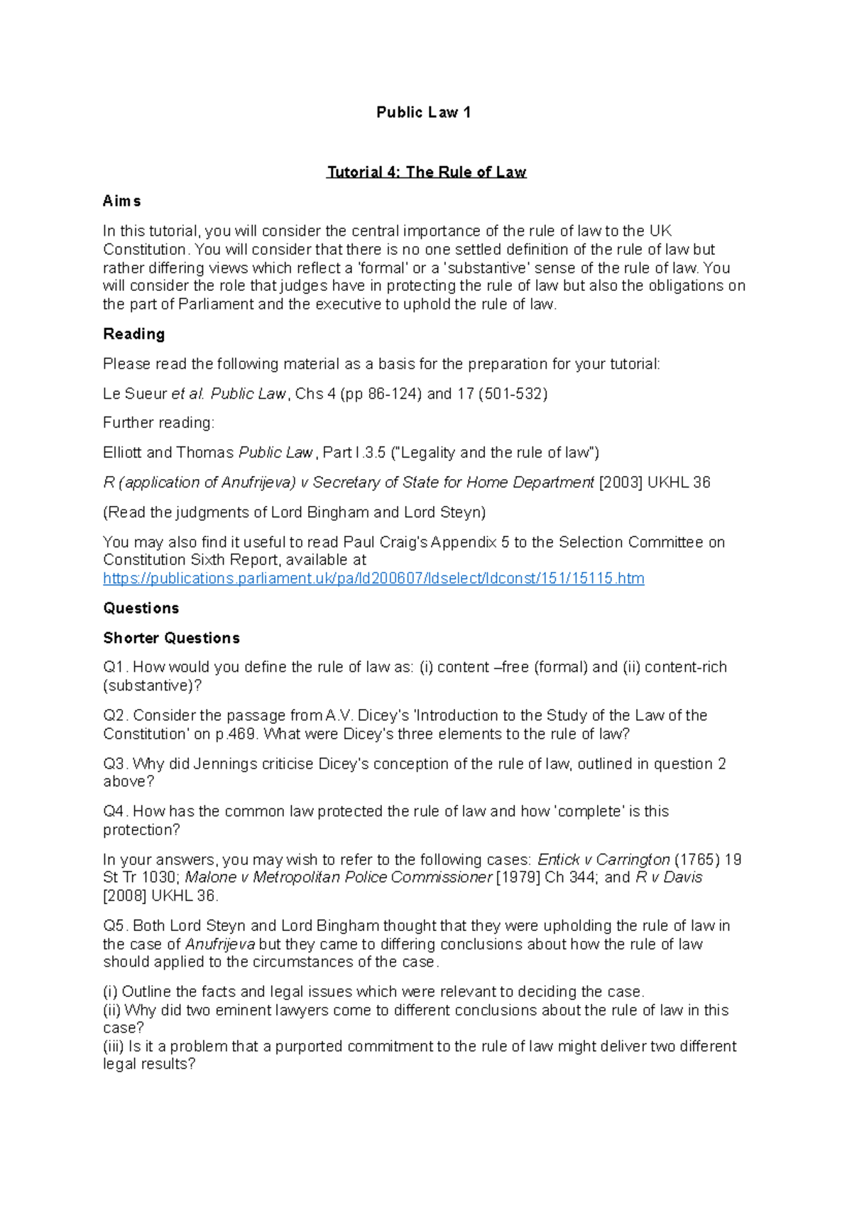 Tutorial 4 Rule of Law - Rule of Law - Public Law 1 Tutorial 4: The ...