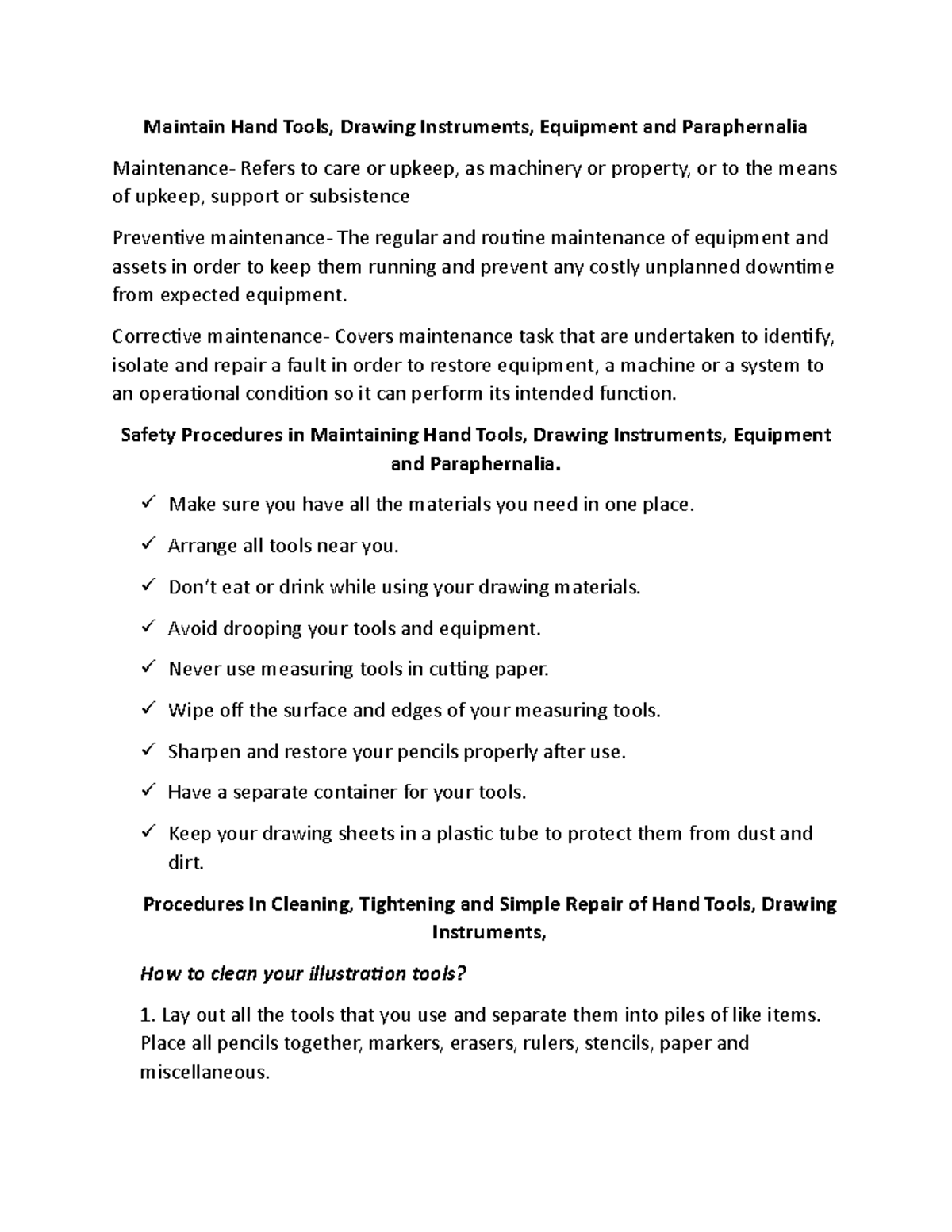 Maintain Hand Tools Corrective maintenance Covers maintenance task