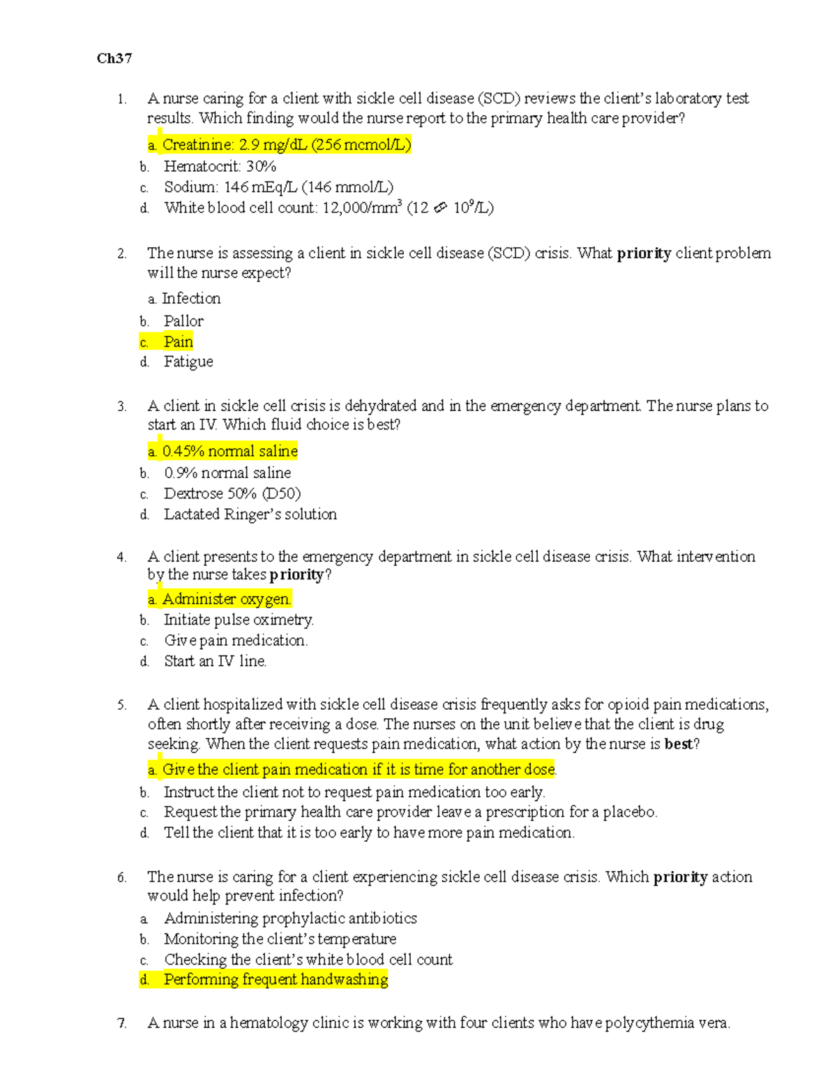 MS 37 - ch 37 sickle cell/hem/onc - Ch 1. A nurse caring for a client ...