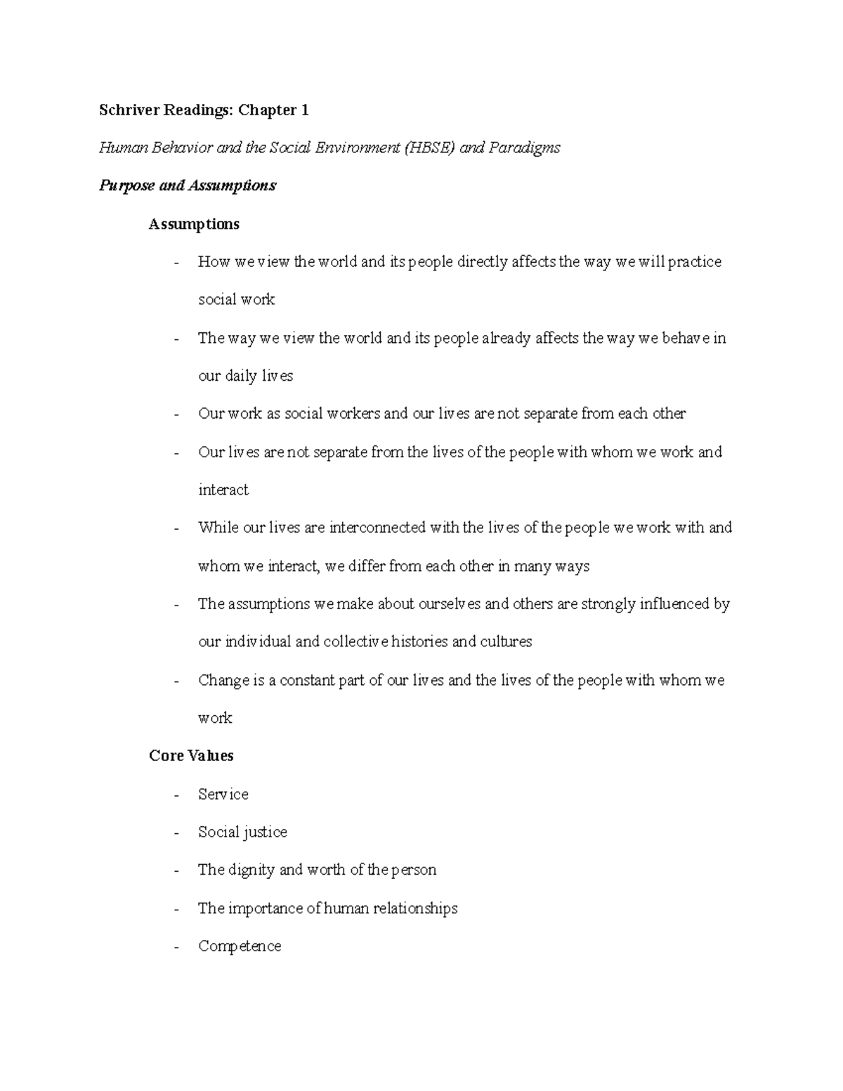 SWRK 522 notes week 1 - Schriver Readings: Chapter 1 Human Behavior and ...
