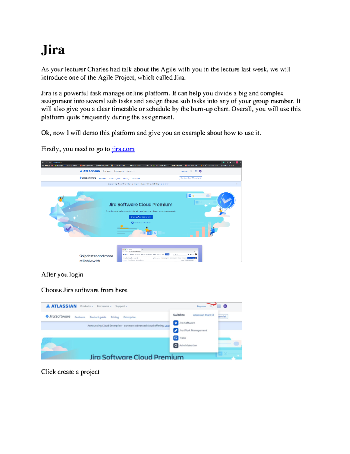 Jira Instruction-1 - First week tutorial sheet - Jira As your lecturer ...