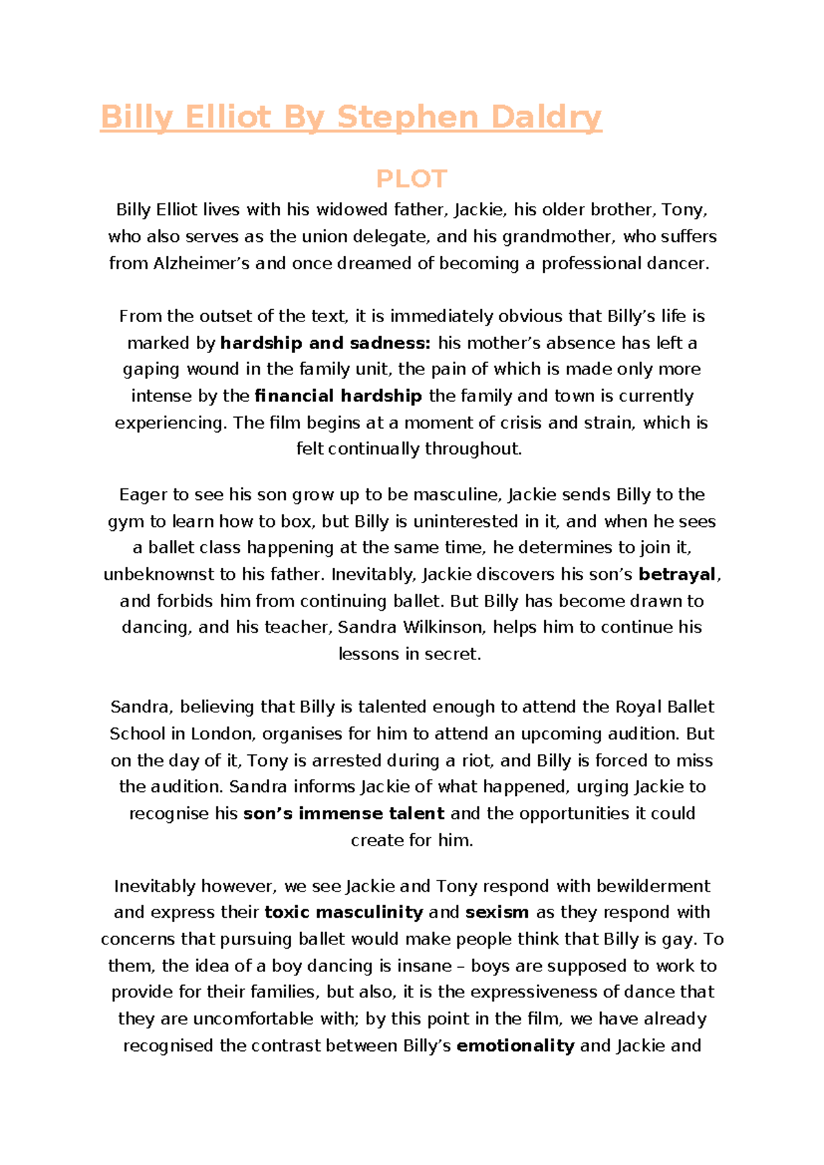 Billy Elliot By Stephen Daldry - Billy Elliot By Stephen Daldry PLOT ...