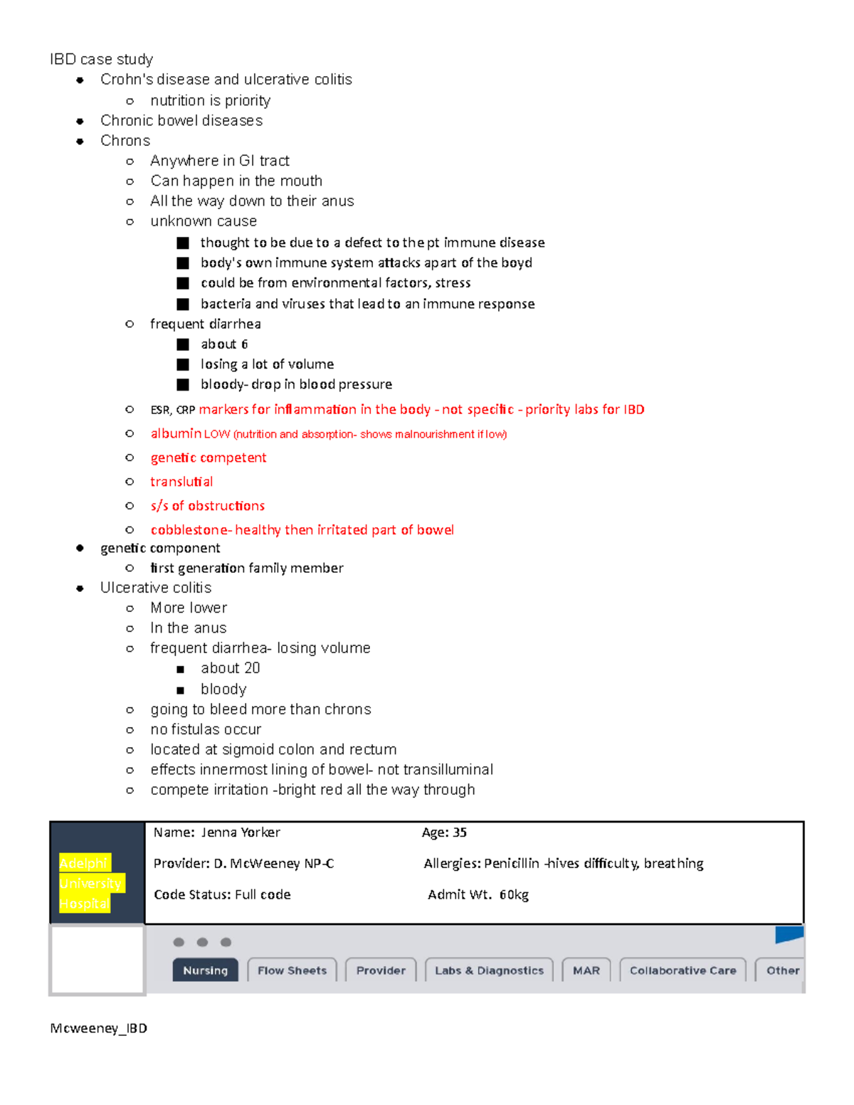 IBD case study Medsurg 1 notes McWeeney IBD case study Crohn's