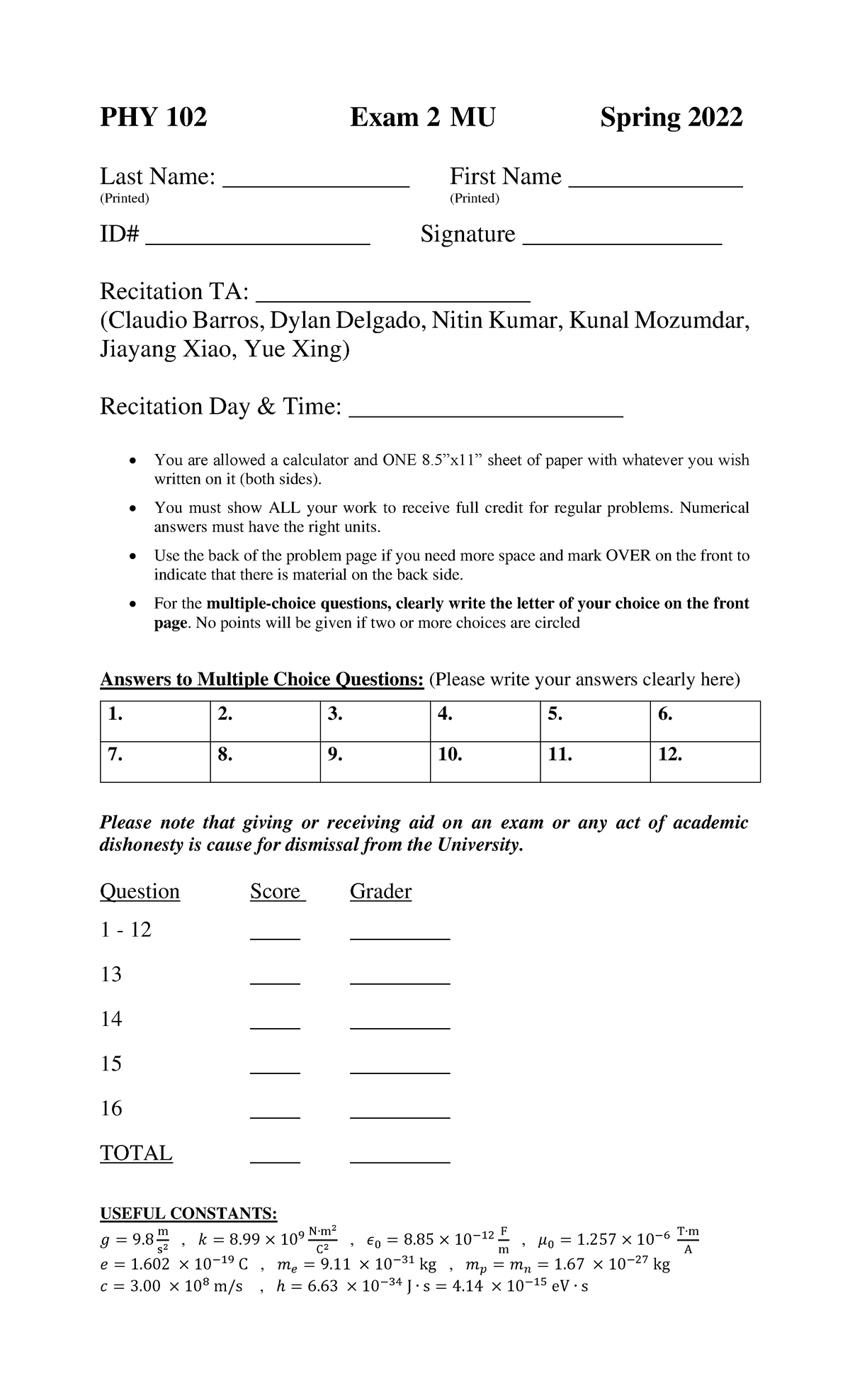 102 2022 Exam2 mu 02 - test - PHY 102 Exam 2 MU Spring 2022 Last Name ...