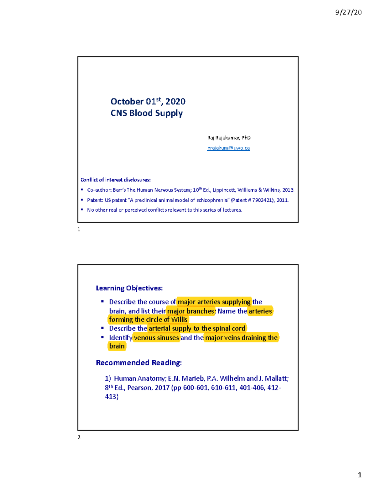 L7 - CNS Bloodsupply - Term 1 Lecture notes - October 01 st, 2020 CNS ...