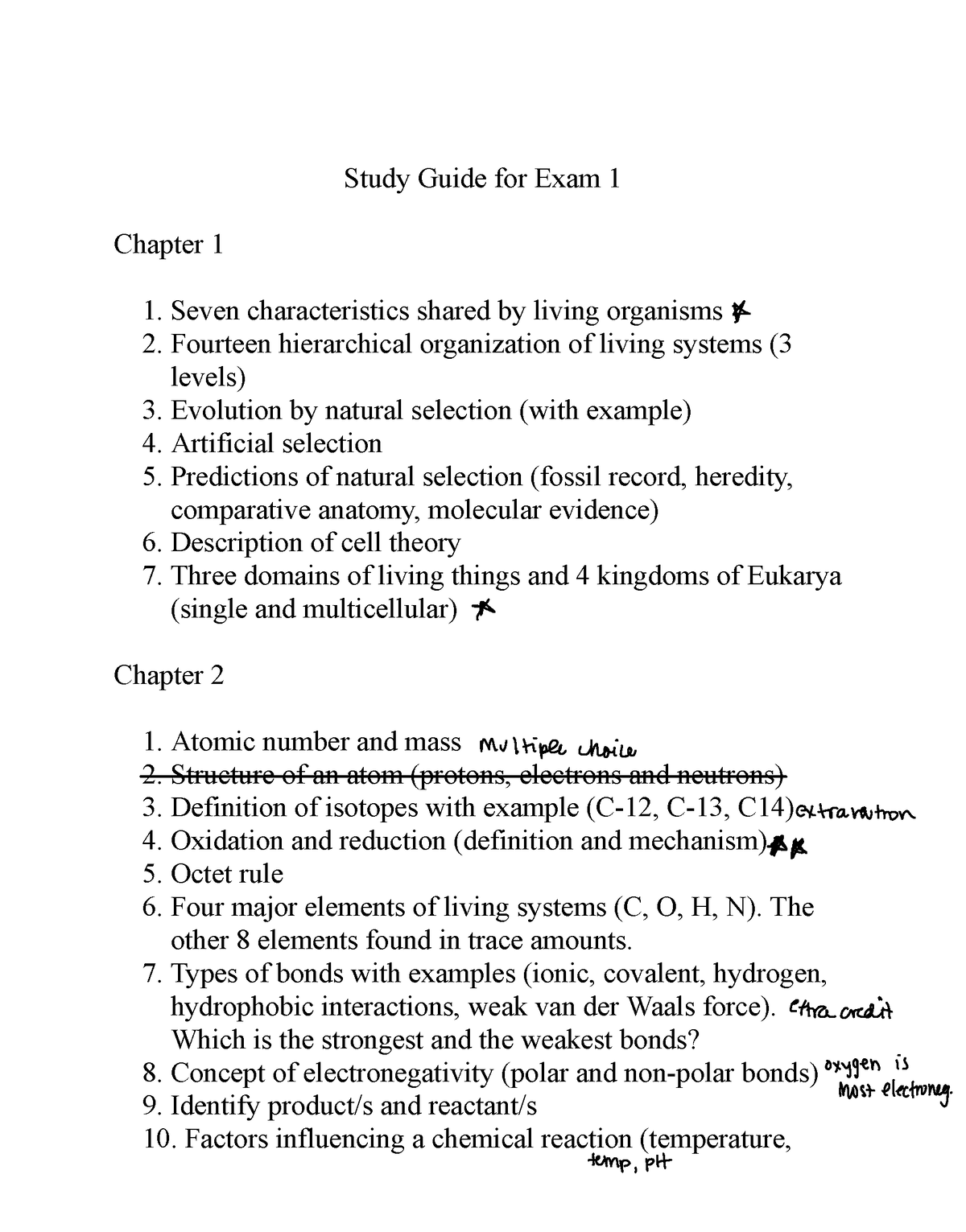 Study Guide For Exam 1 - BIO 198 - Study Guide For Exam 1 Chapter 1 ...