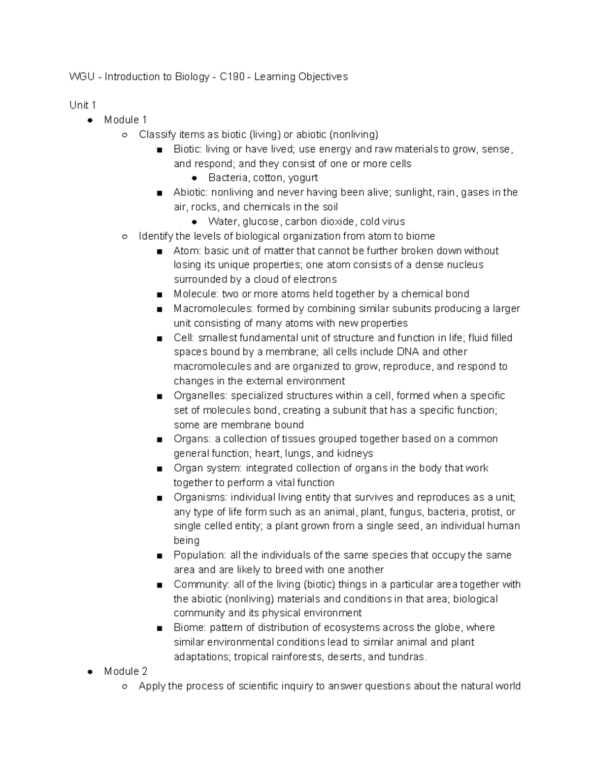 C190 Learning Objectives - WGU - Introduction To Biology - C190 ...