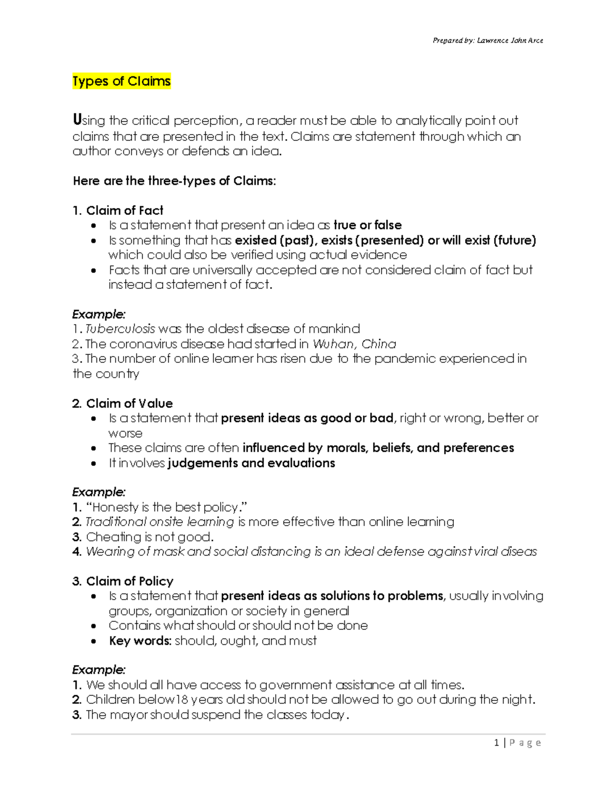 Types of Claims Prepared by Lawrence John Arce 1 P a g e Types of