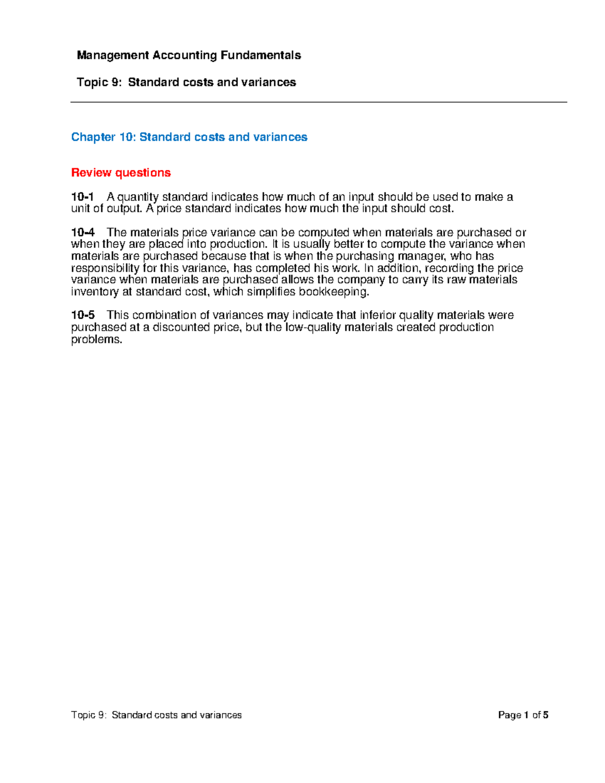 Topic 9 Standard Costs And Variances Tutorial Chapter 10 Standard