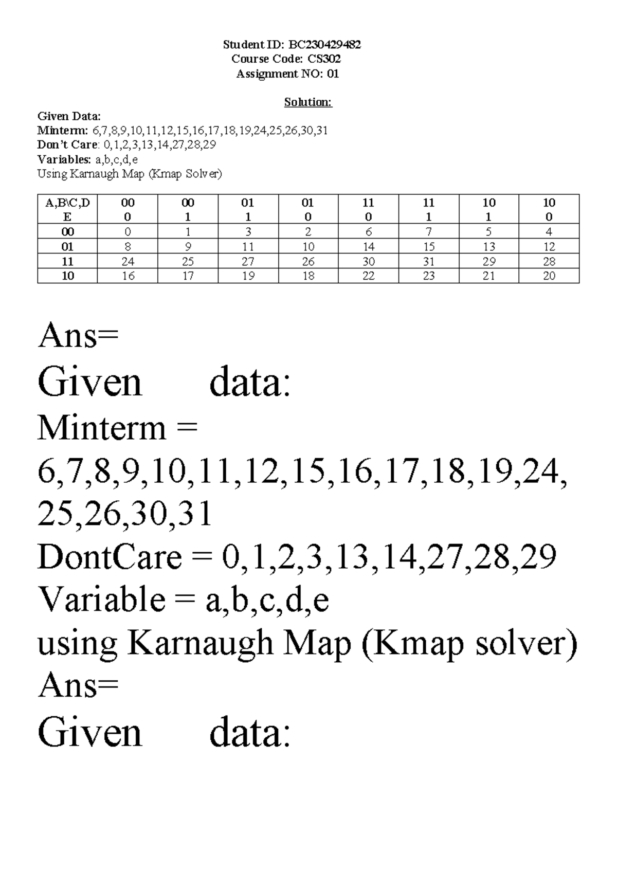 Saghira CS302 1st Assignment - Student ID: BC230429482Cours Course Code ...