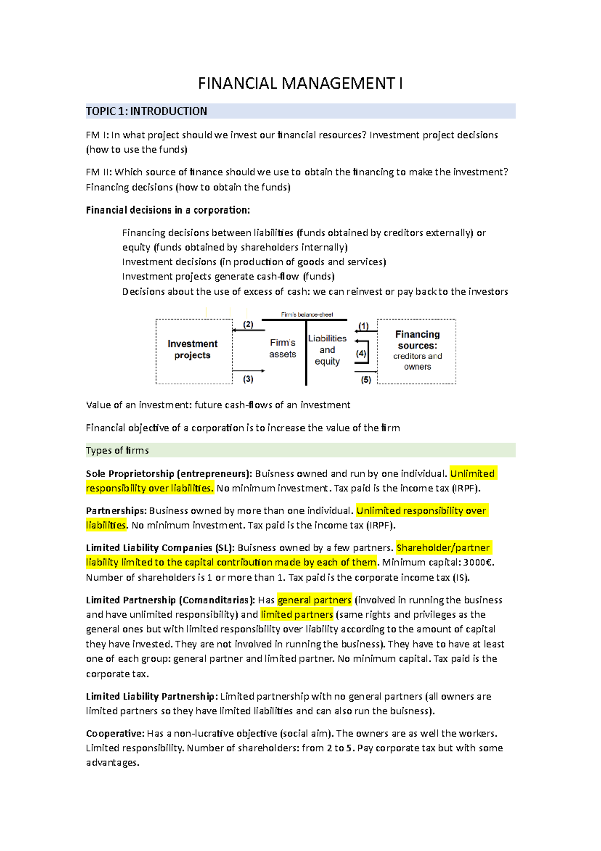 Topic 1 AND 2 - Temas 1 y 2 de financial management I resumidos ...