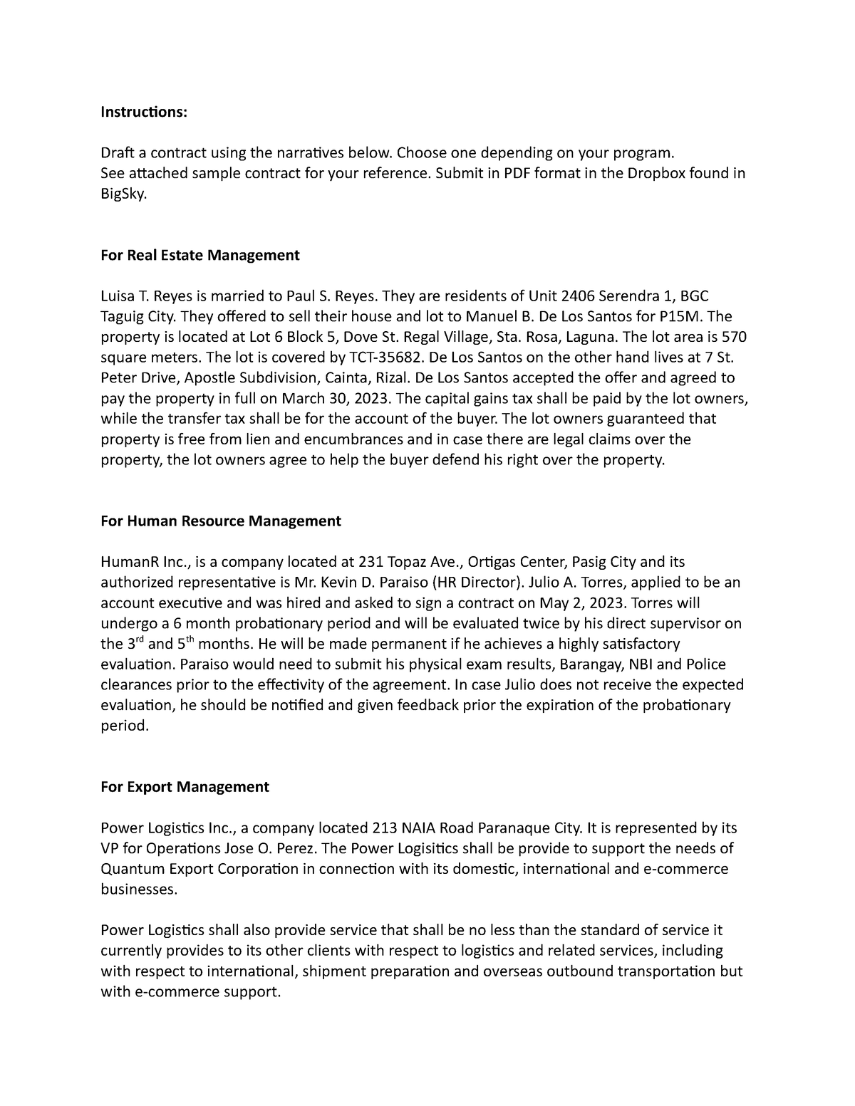 basic contract drafting assignments a narrative approach