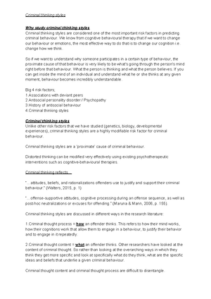 [Solved] explain the criminal thinking styles - Criminal Psychology ...