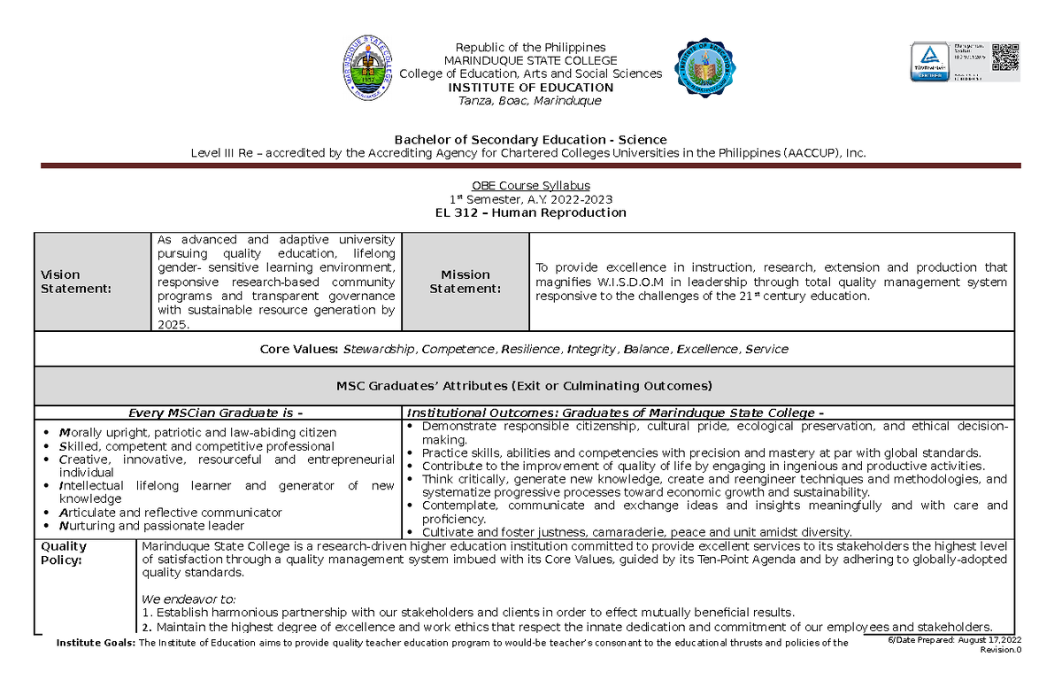 Syllabus -Human Reproduction - MARINDUQUE STATE COLLEGE College of ...
