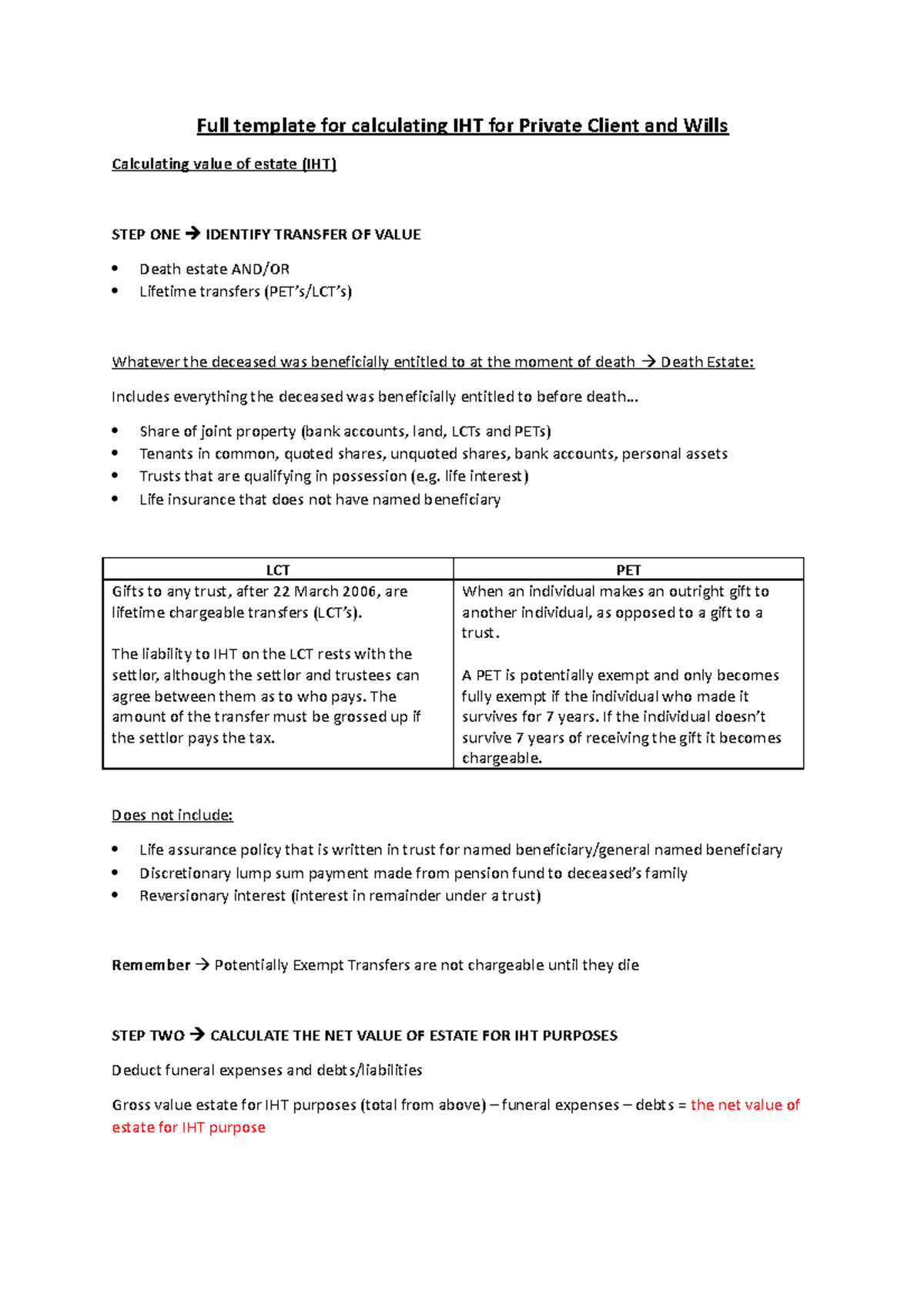 Calculating IHT - IHT template - Full template for calculating IHT for ...