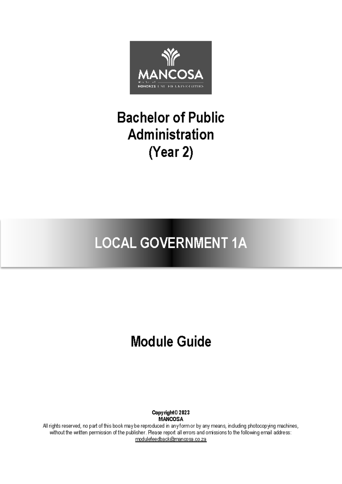 BPA - Local Government 1A - Bachelor of Public Administration (Year 2 ...