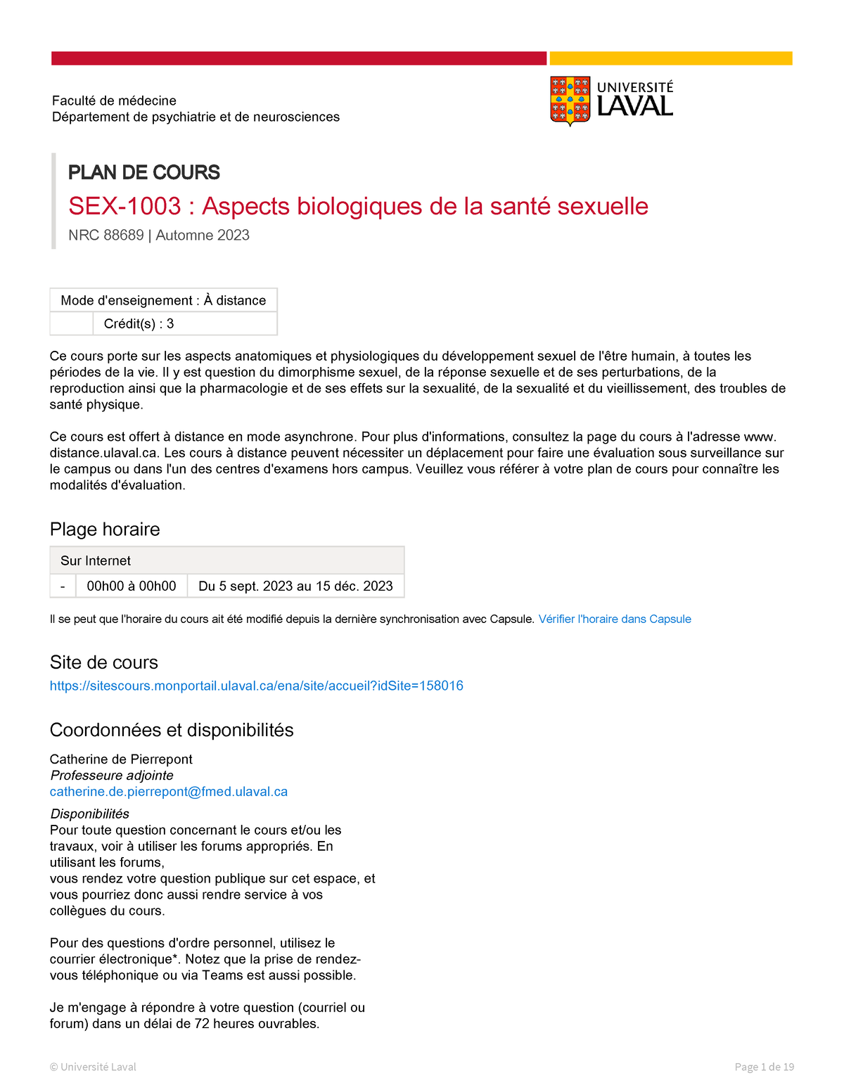 Sex 1003 Plan De Cours Faculté De Médecine Département De Psychiatrie Et De Neurosciences Plan 