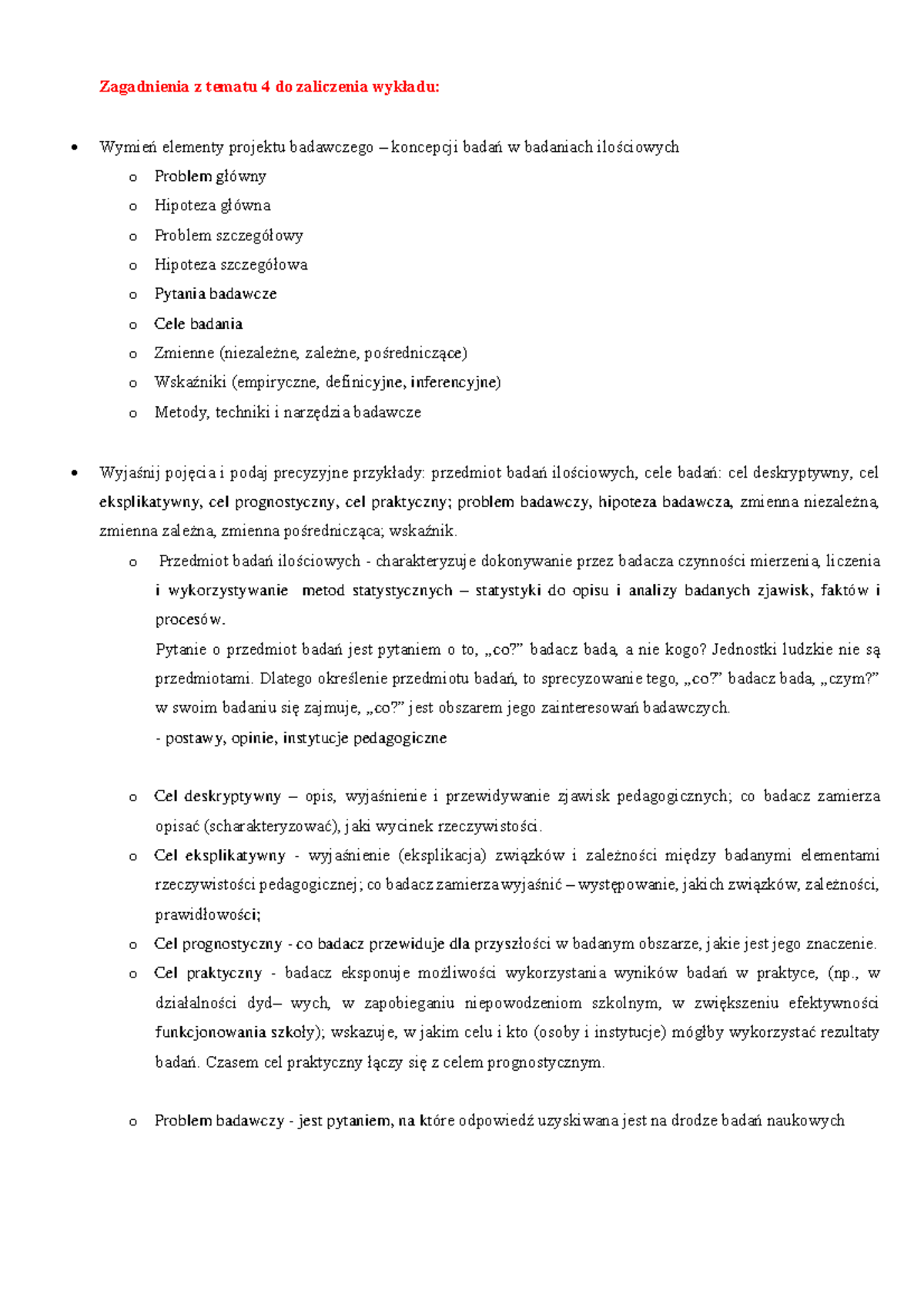 Metodologia 2 - Notatki do egzaminu - Zagadnienia z tematu 4 do