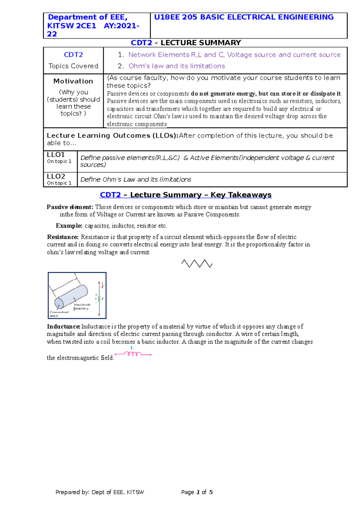 BEE 2 Summary - Notes for bee - KITSW 2CE1 AY:2021- 22 CDT2 - LECTURE ...