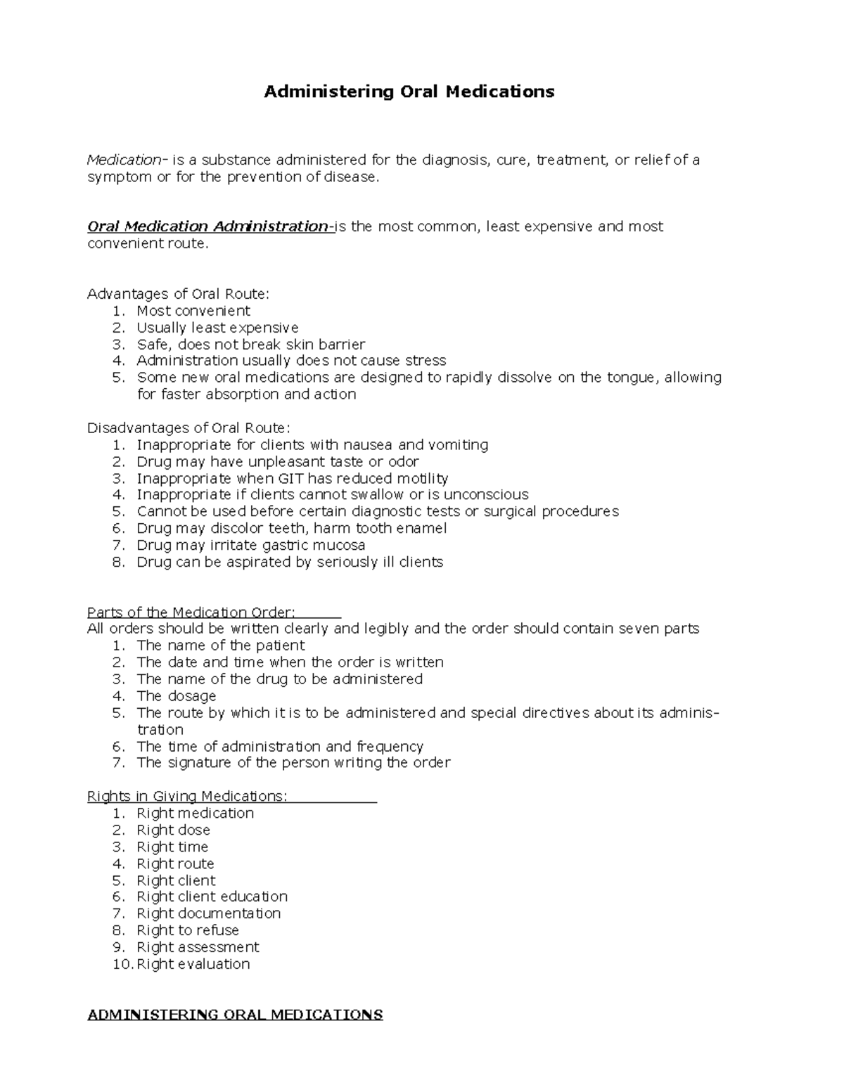 ORAL MED Checklist 1 ,,, Administering Oral Medications Medication