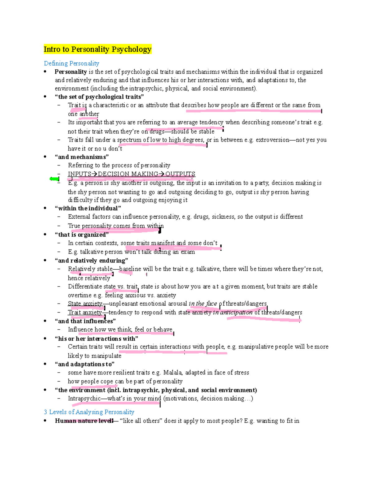 2740 Midterm 1 Notes - Intro to Personality Psychology Defining ...