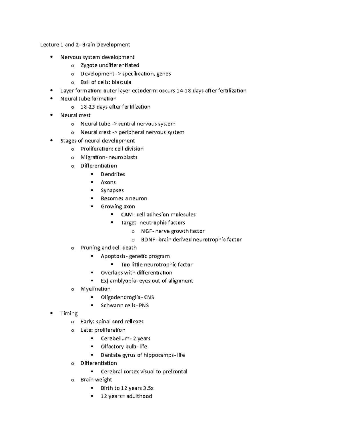 PSYC 210 Exam 2 Review - Lecture 1 And 2- Brain Development Nervous ...